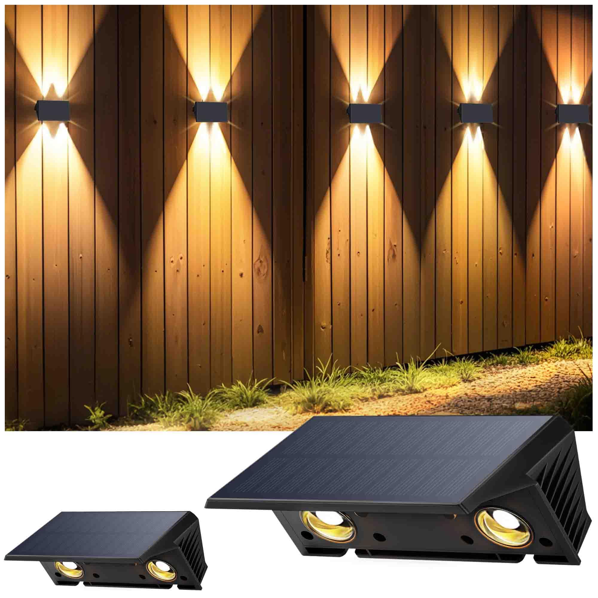 Fence Lights Solar Powered, 2-Pack Solar Fence Lights Up/Down Flexible Buttons, IP67 Waterproof for Outdoor, 100LM Bright, Auto 