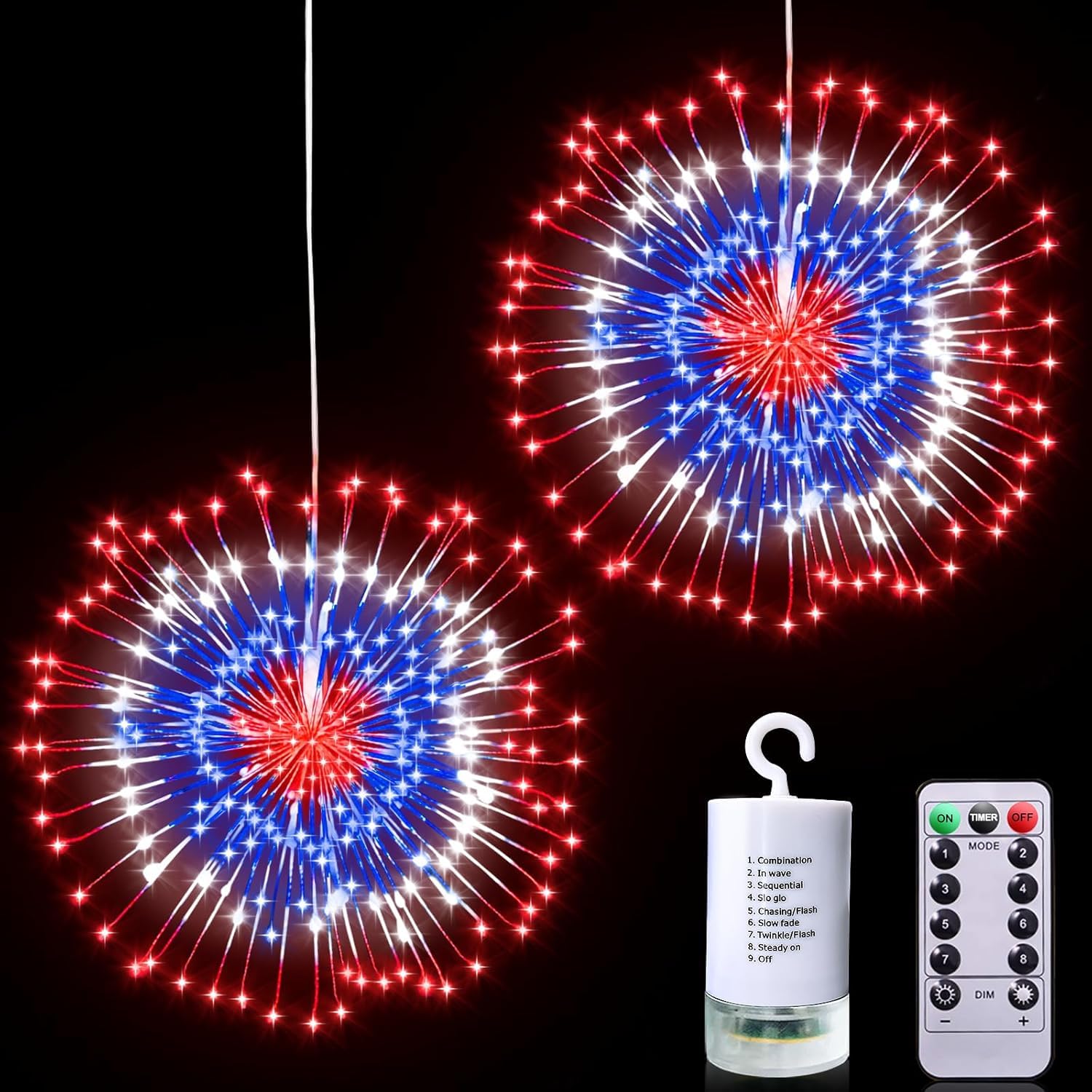 2 Pack 250th Anniversary 4th of July Decorations, Patriotic Lights with Timer & 8 Modes Remote 360 LED Red White Blue Firework L