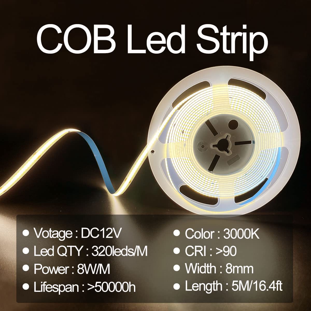 Hamrvl Cob Led Strip Lights Warm White 3000K,Dc12V 16.4Ft/5M 320Leds/M Cri90 Bright Flexible Led Tape 8Mm, For Indoor Home Cabin