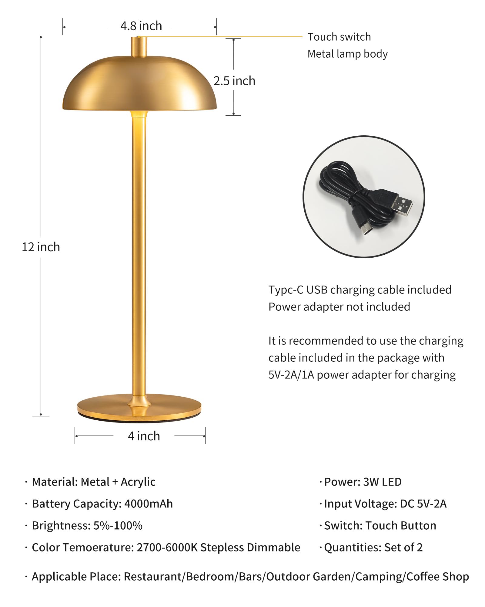 NEWSEE Cordless LED Table Lamps Set of 2, 12" Gold, Rechargeable, 3 Color Dimming, Modern Design for Bedroom & Outdoor Use