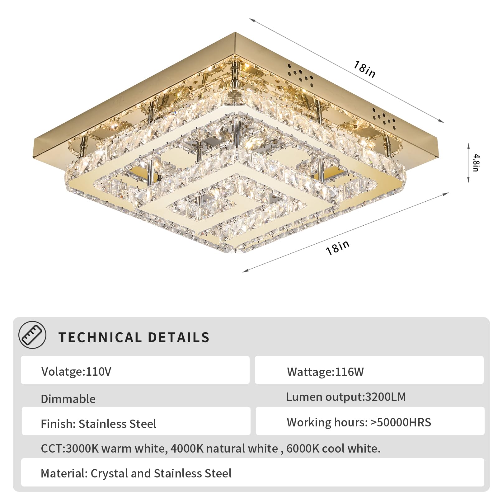 18'' Crystal Gold Chandelier With Remote Control, 3 Color Temperature Light Fixture & Brightness Adjustable, Modern Flush Mount