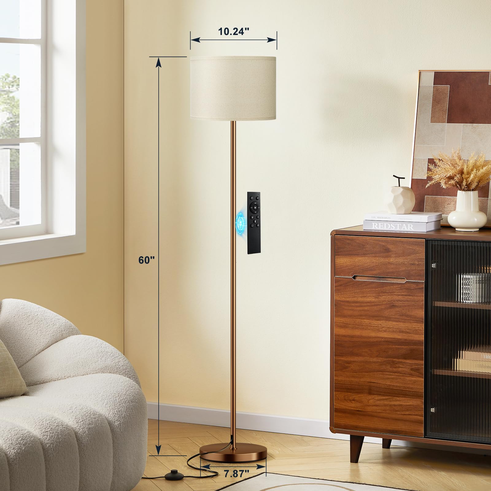 Ambimall Floor Lamp with Remote Control, Stepless Dimmable, 60 inches, Metal, Beige & Brown, Model RPT-ZGB125