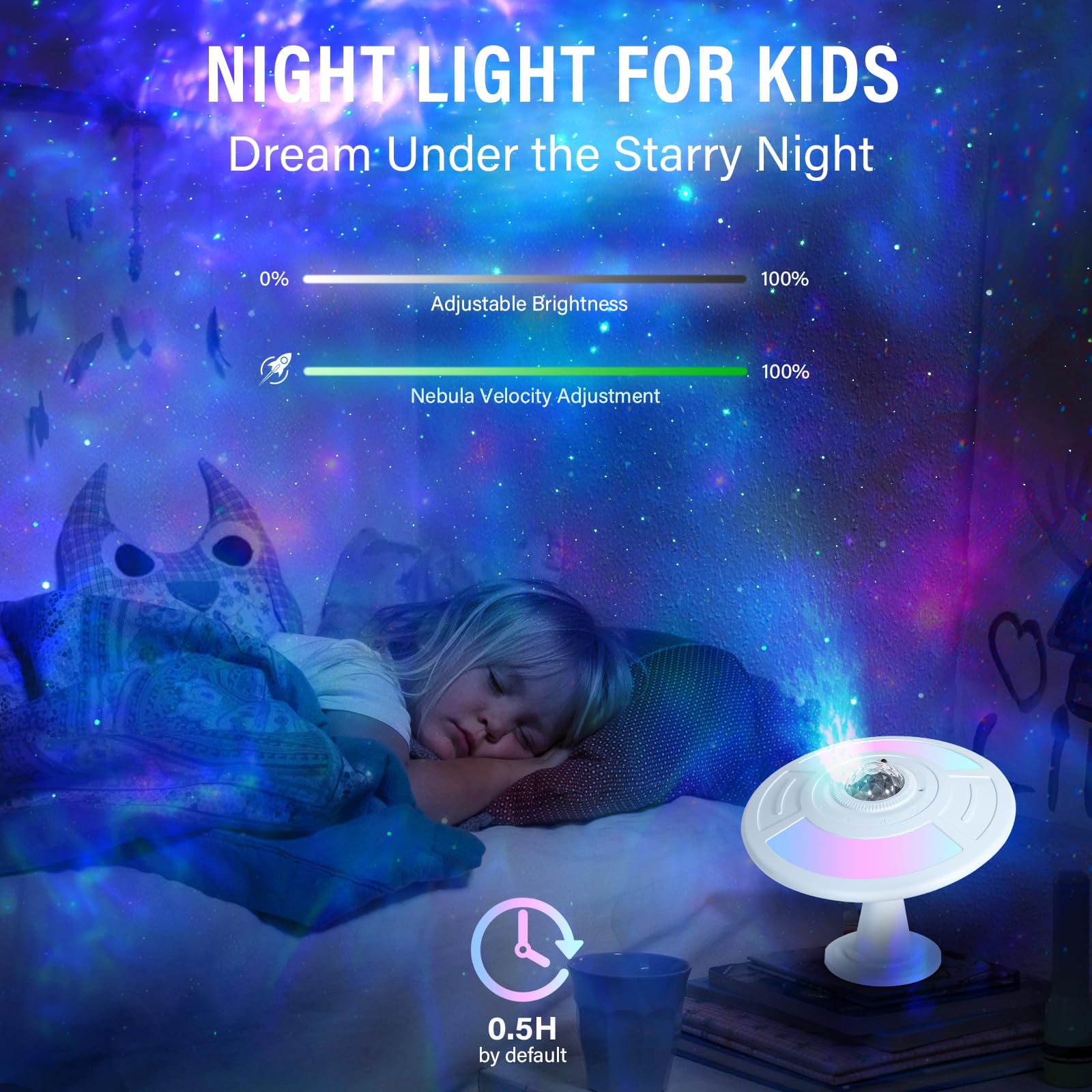 HASULL UFO Galaxy Projector Lamp - RGB Nebula, Remote Control, Auto Focus, USB Charging, Blue, Model SAL-RC