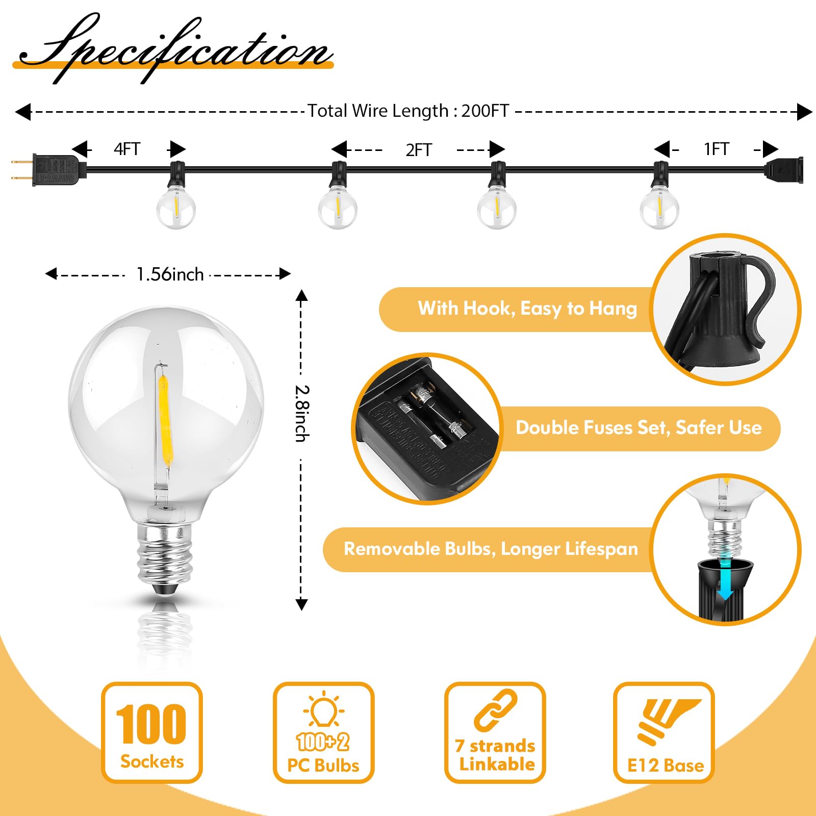 Brightever 200FT Outdoor String Lights, Dimmable LED with 100+4 Shatterproof G40 Globe Bulbs, Model GYPC-O100LAU