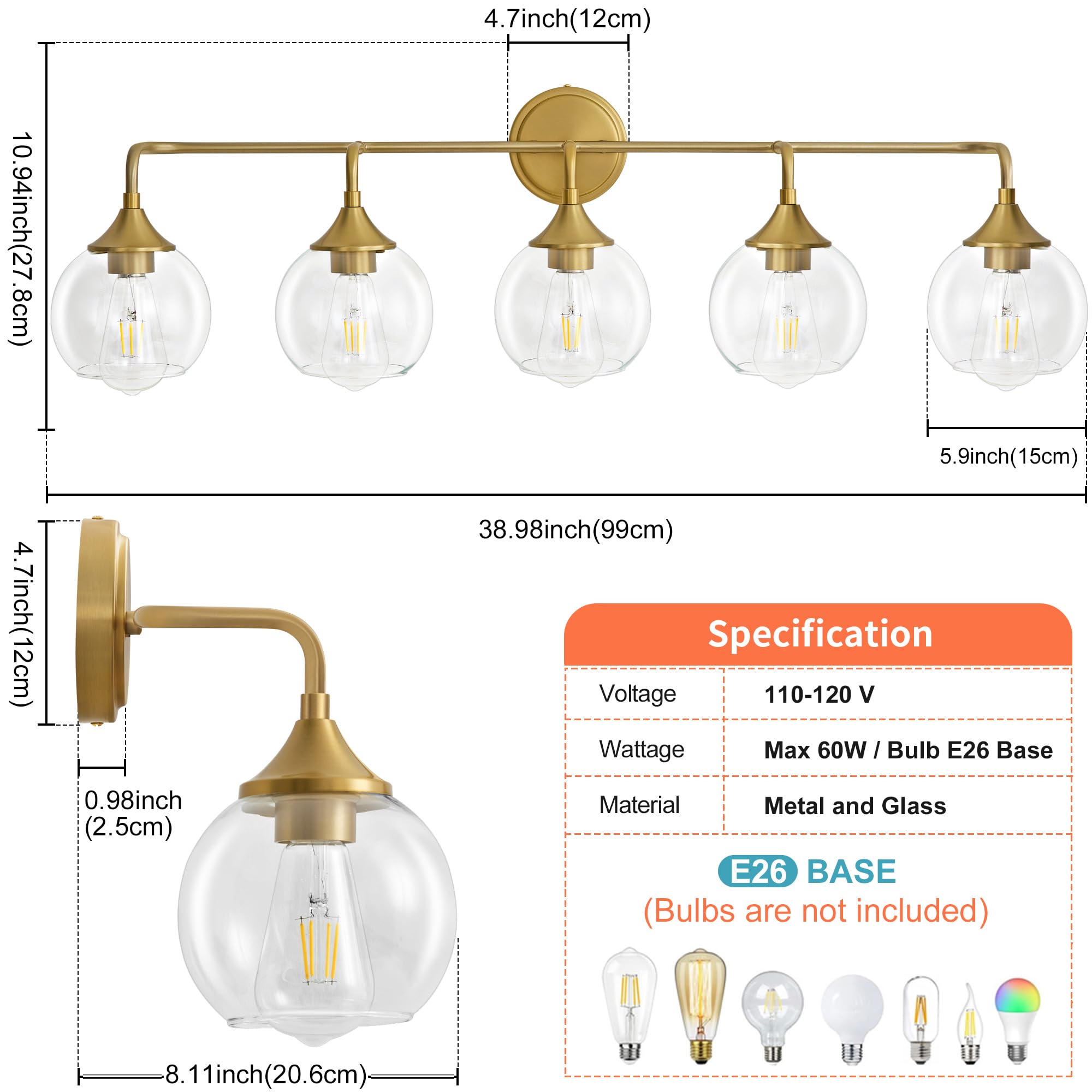 Gednbo Bathroom Vanity Lights, 5-Lights, Clear Glass Shade, Metal, 39 Inch, Gold, Model G1796 (Exclude E26 Bulb)