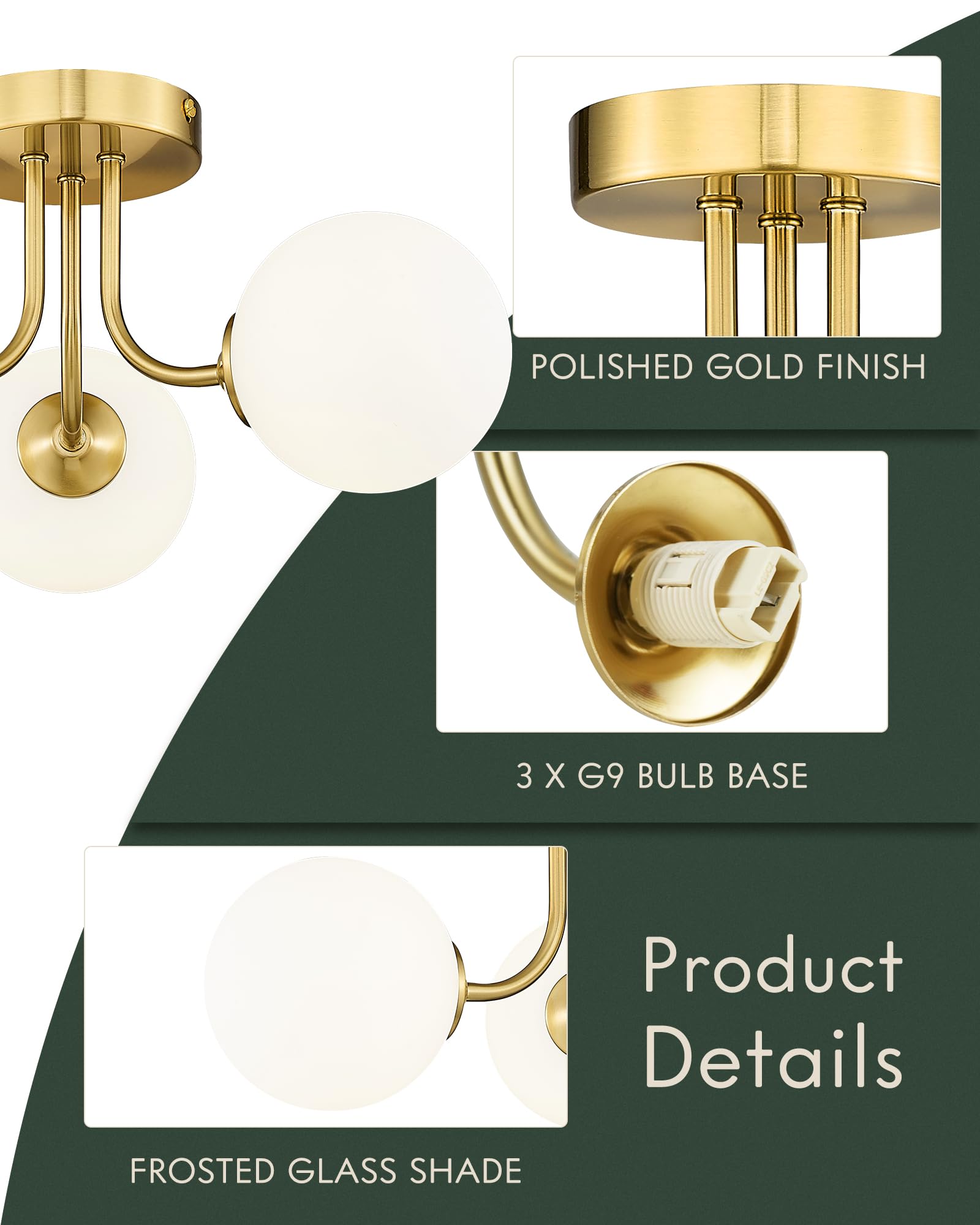 Cargifak Gold Flush Mount Ceiling Light, 6 Frosted Glass Shades, Modern Farmhouse Design, Model CKCL4845-6W-PG