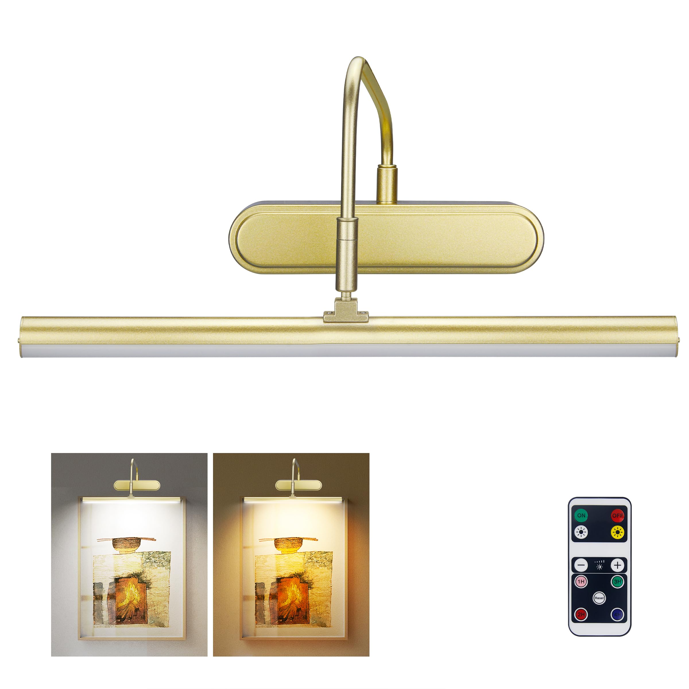 RAIFOOLLY Picture Light, Wireless Remote Control Art Light, Dimmable, 12 inch, Gold, Model RF00300