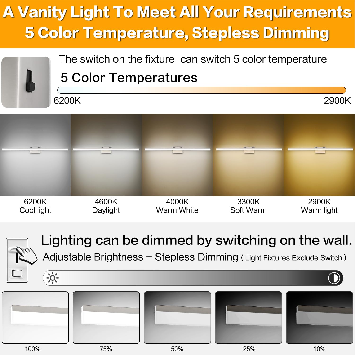 SOLFART Bathroom Light Fixture LED 5CCT Dimmable 48-Inch Brushed Nickel Vanity Lights Over Mirror Aluminum Modern Model 8778-1220mm-NK-5CCT