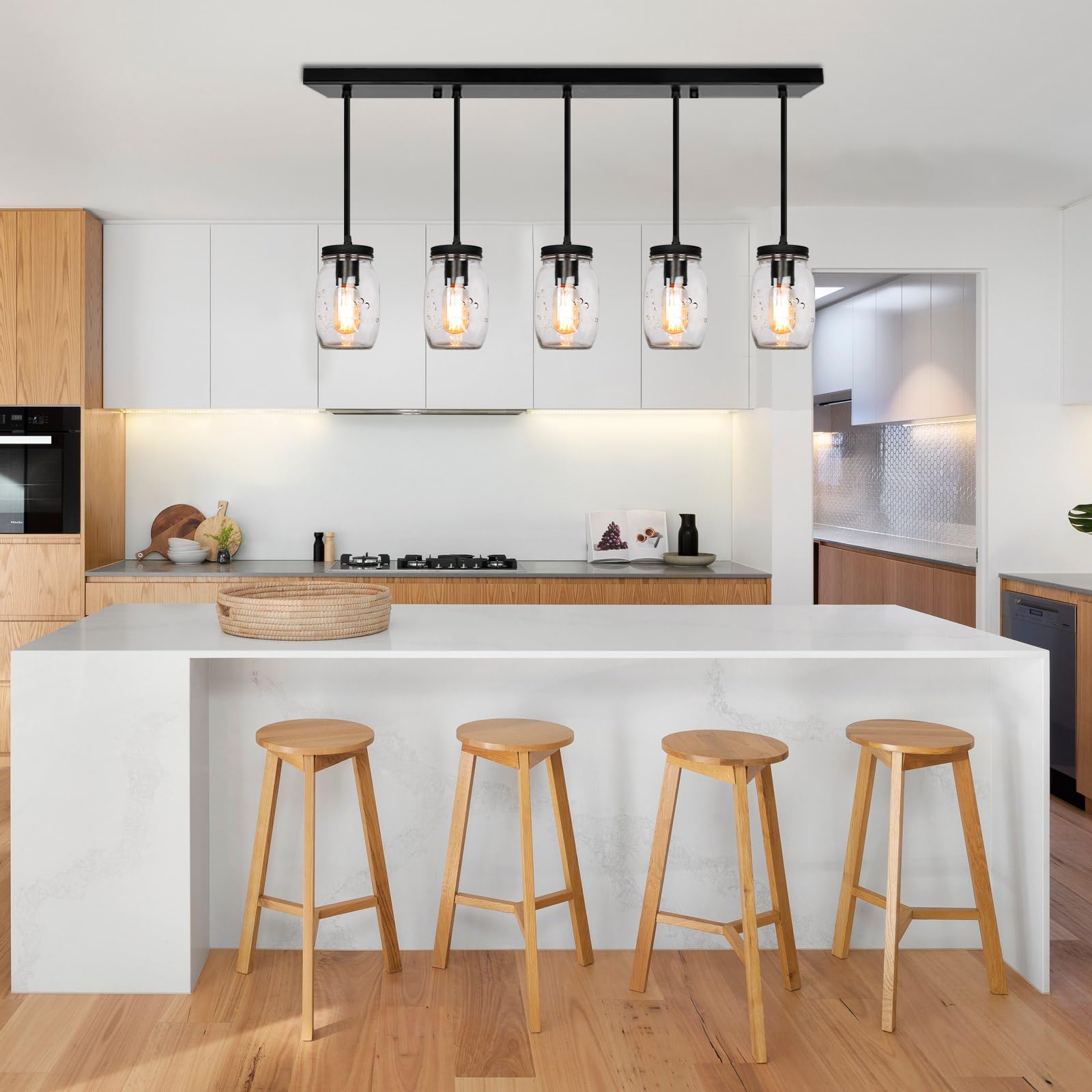 Jasopaco 5-Light Adjustable Height Glass Pendant Ceiling Light - Black Metal Farmhouse Fixture for Kitchen, Dining Room, Foyer, Porch
