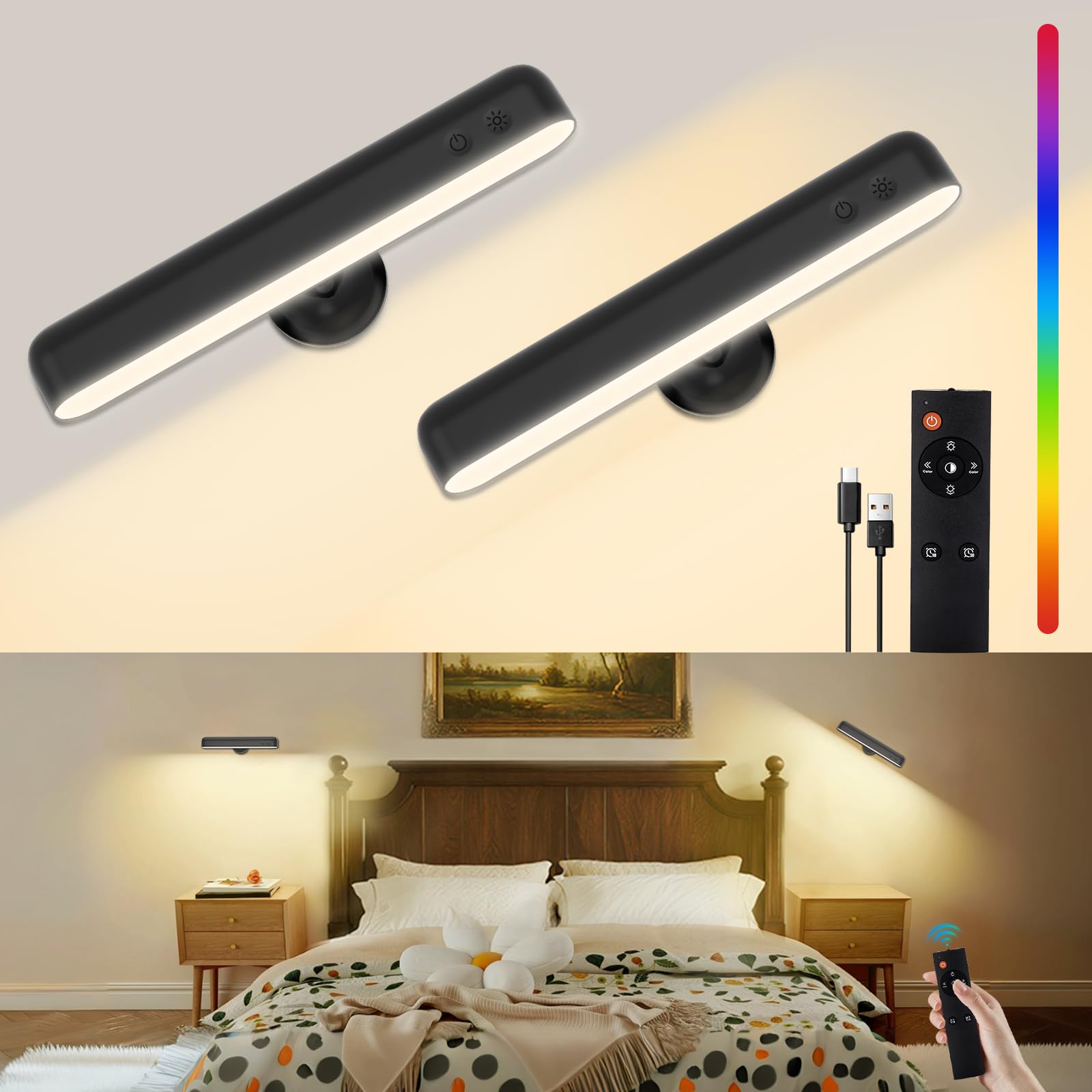 Llamau Battery Operated Wall Sconces Set of Two, 7500mAh Rechargeable LED Wall Lights for Bedroom with Remote Control, 360Rotate