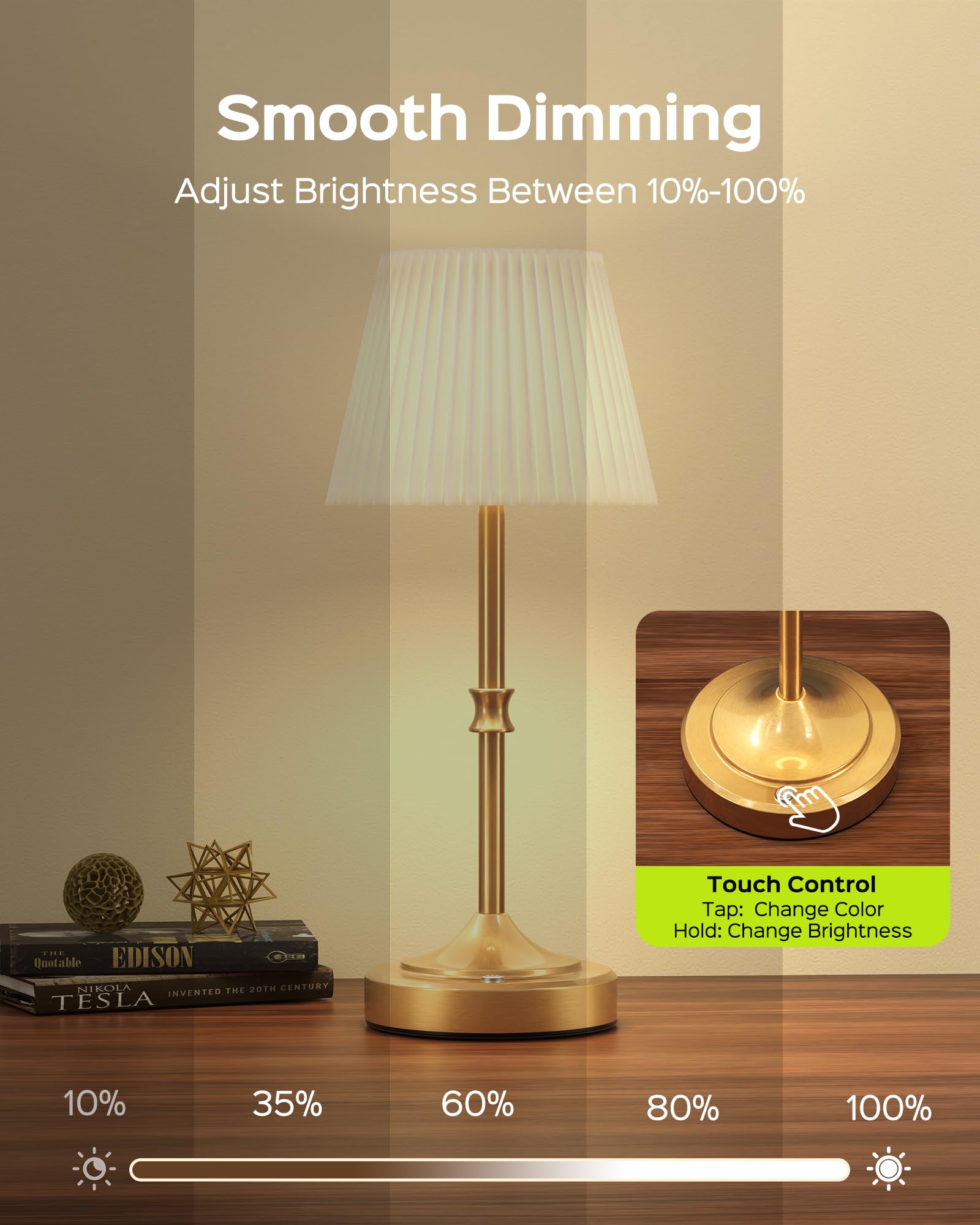 Cordless Table Lamp Portable, 3 Light Colors & Brightness Adjustable , 5400Mah Battery Operated Rechargeable, Wireless Lamp For