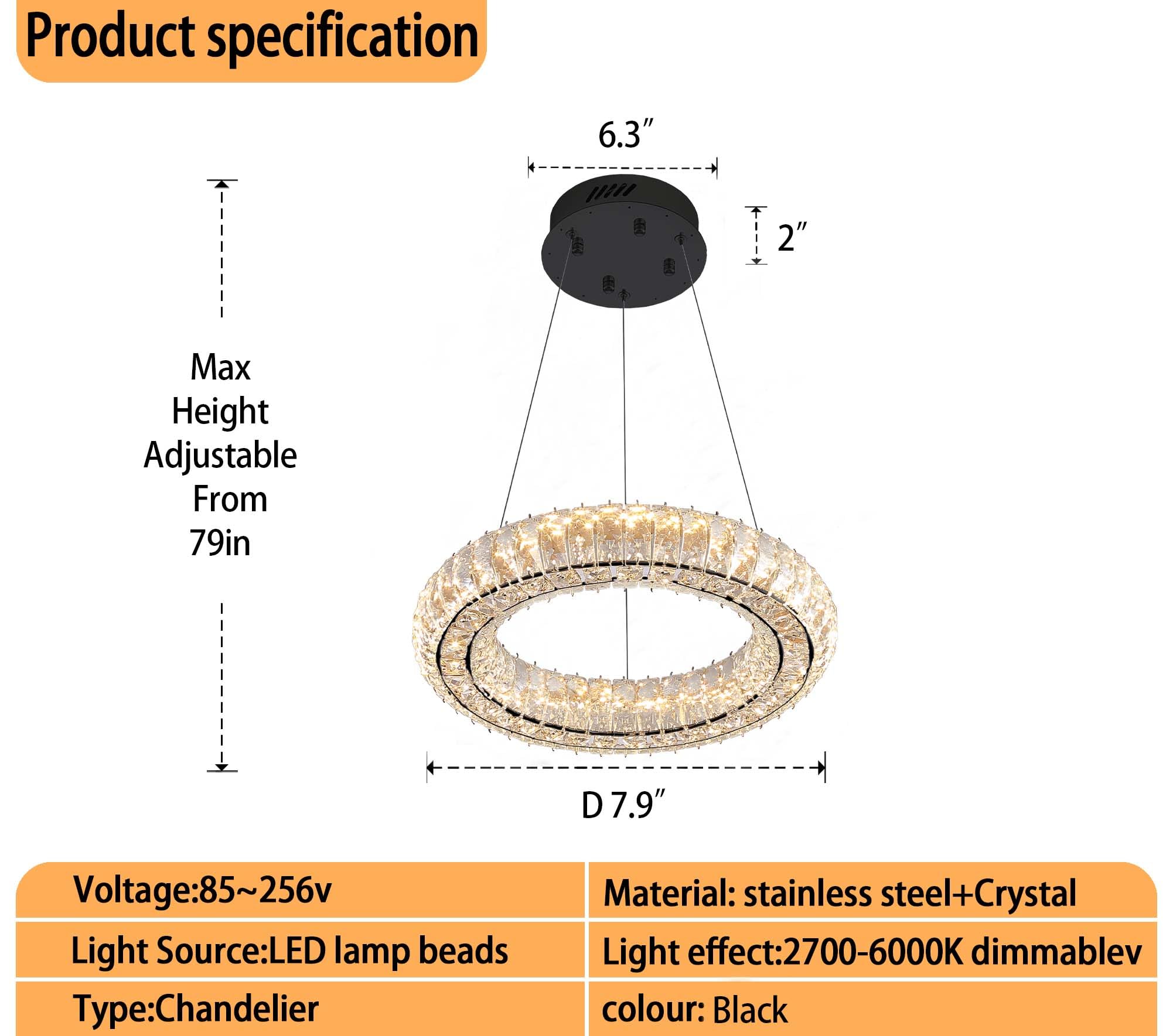 Modern Led Chandelier 1 Ring 8.7In Pendant Lighting For Kitchen Island Dimmable Led Pendant Ceiling Light Black Hanging Light Fi