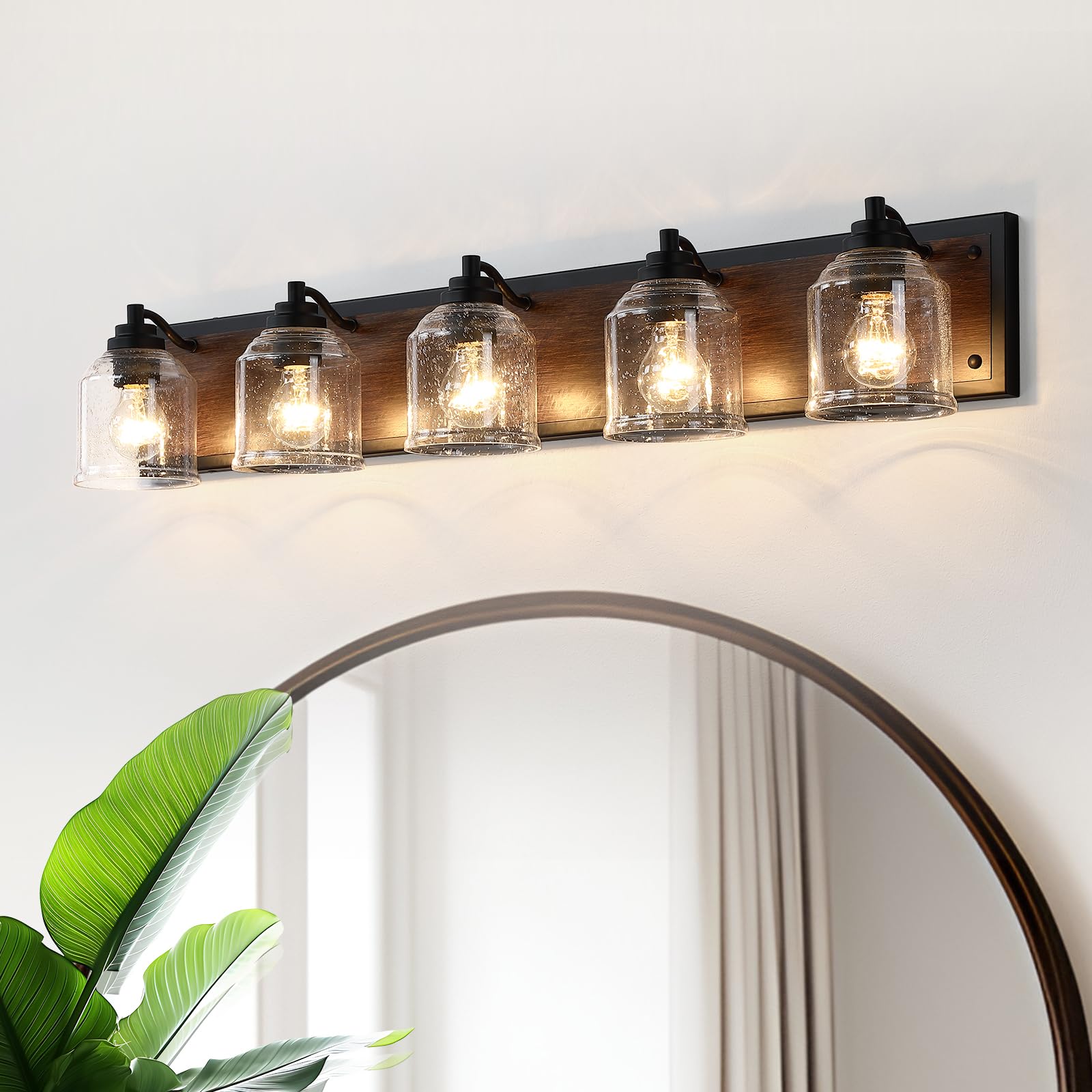 YKLITG 40in Farmhouse Bathroom Vanity Light, 5-Light Brown Metal Sconce with Bubble Glass Shades, Model BD005-5-DW