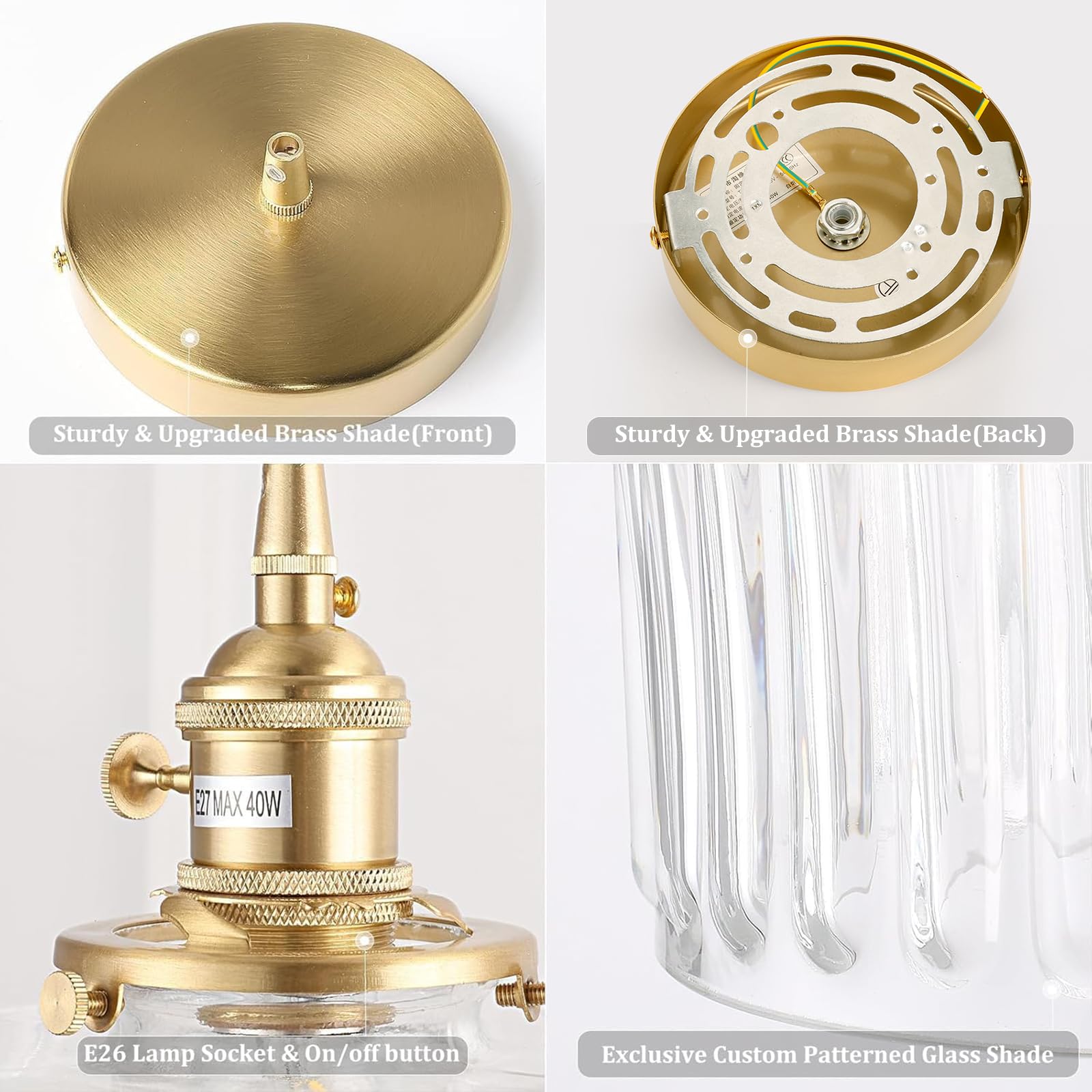 Shenmoyl Pendant Light 2 Pack - Adjustable Brass Vintage Hanging Light with Clear Striped Glass Shade for Kitchen Island, Dining Room, Hallway