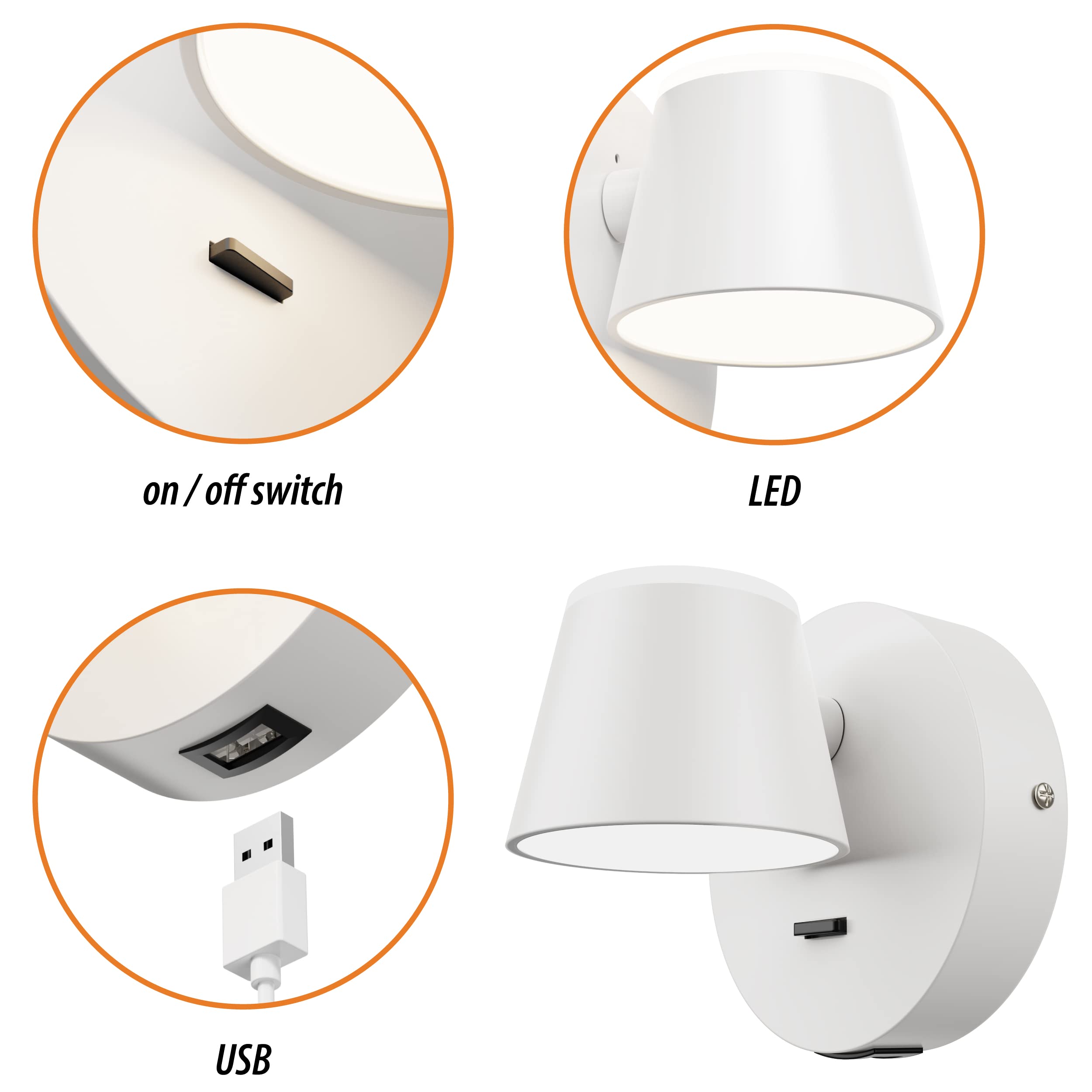 Ursola Wall Light Set Of Two, Led Wall Sconce With On/Off Switch Usb Charging Port 110 Volt Hardwired Wall Lamp 350 Rotatable Up Down Sconces Wall Lighting (White)