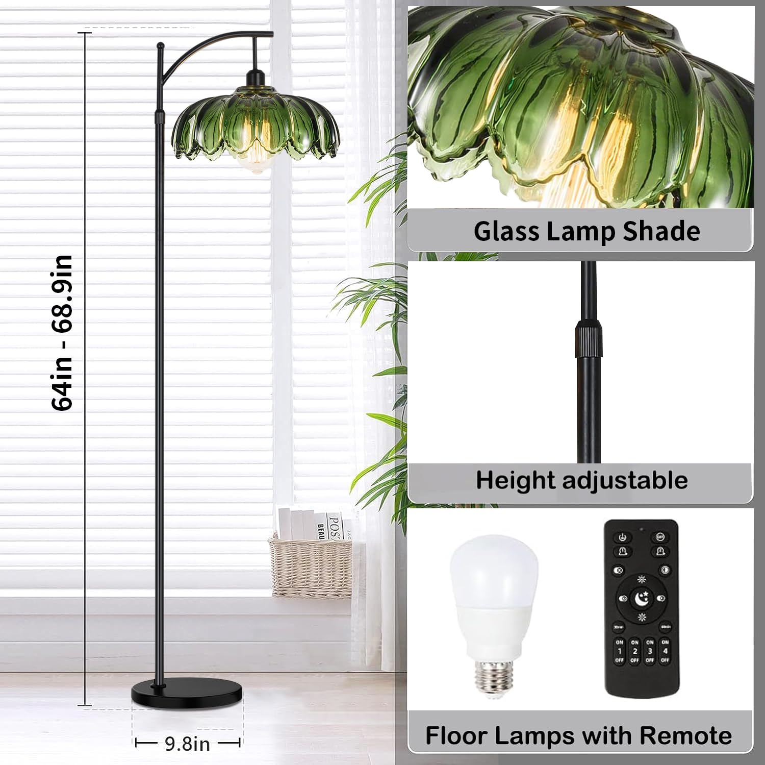 QIYIZM Gold Floor Lamp - Dimmable Brass Standing Lamp with Remote, Vintage Green Glass, Mid Century Modern, 06-Floor Lamp