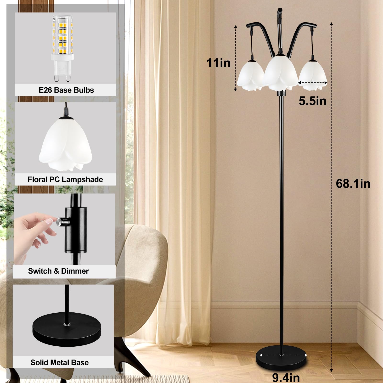 Lightdot 67In Industrial Tree Floor Lamp,Black Dimmable (Brightness Adjustable) Mid Century Standing Lamps With E26 Led Bulbs In