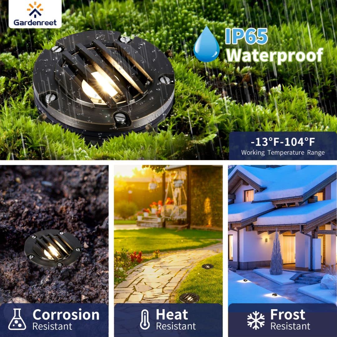 Gardenreet Landscape Well Lights Brass, Led Low Voltage Outdoor In Ground Lights, 12V Waterproof Garden Lights Wired Grated Top
