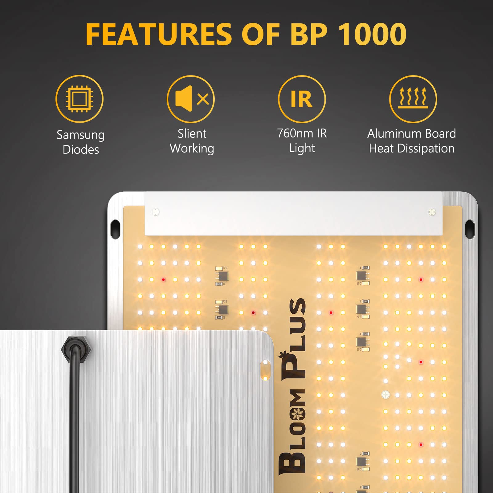 BLOOM PLUS LED Grow Light BP 1000W, 2x2ft Coverage, Sunlike Full Spectrum, Aluminum, Gray, Model BP-1000