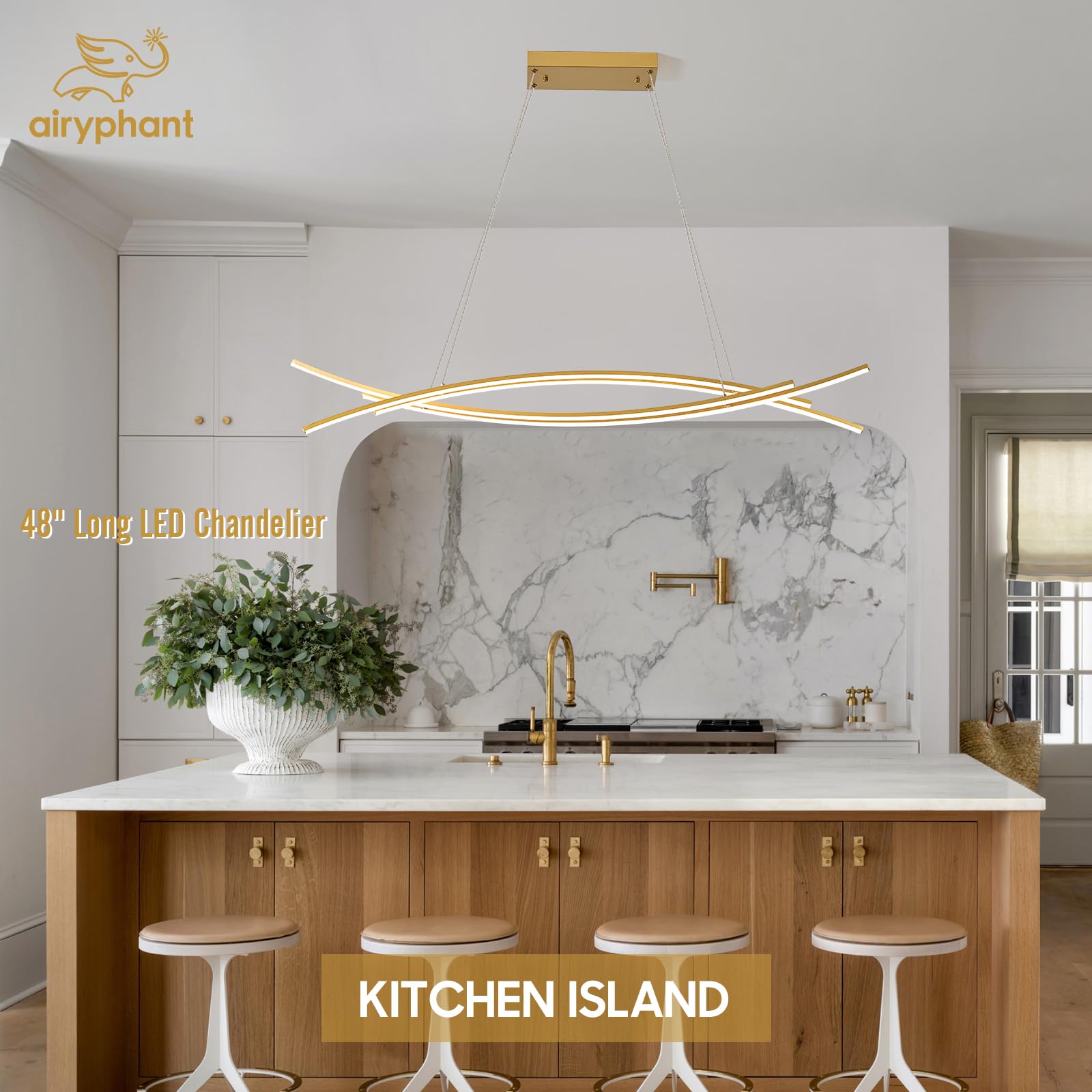 AIRYPHANT 48" LED Chandelier - 4-Light Remote Dimmable Pendant Light for Kitchen Island, Aluminum, Gold, Model P2018