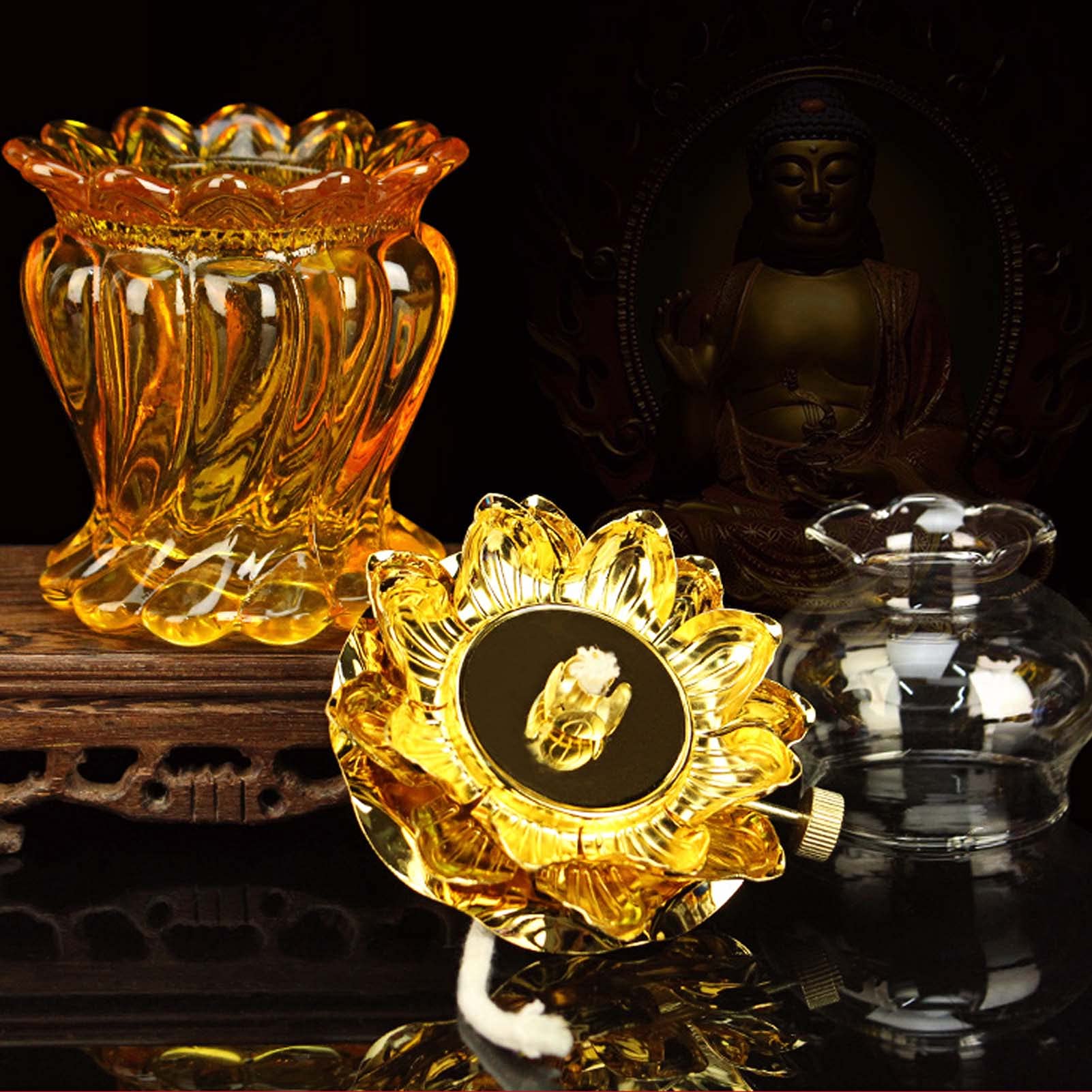 Oil Lamp For Indoor Use,Vintage Glass Kerosene Lamp With Wick,Lotus Flower Lamp For Buddha Front Light ,Altar Supplies,Emergency