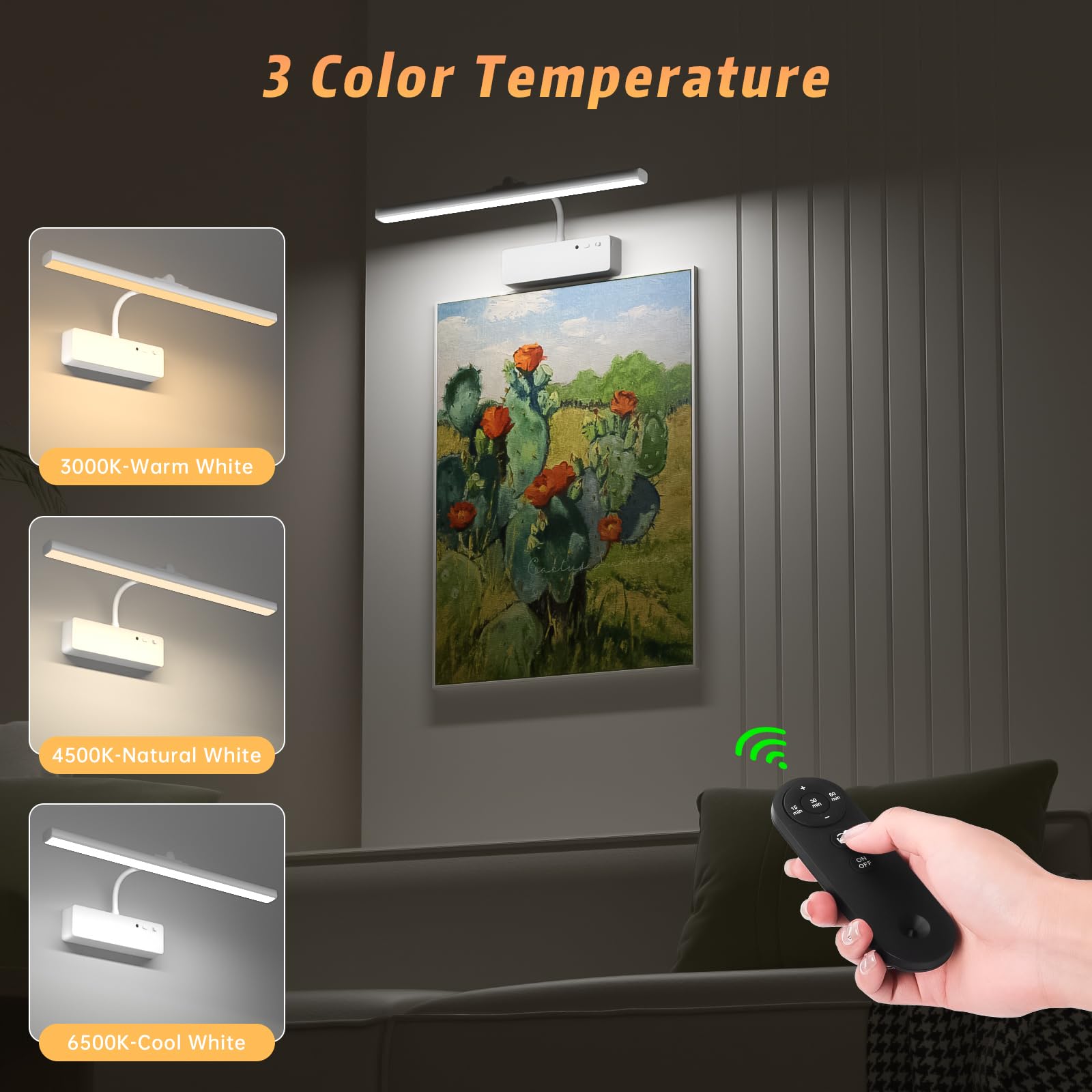 Lightbiz 15.35 Wireless Rechargeable Picture Light with Remote, Dimmable 3-Color Metal Wall Light for Artwork - White
