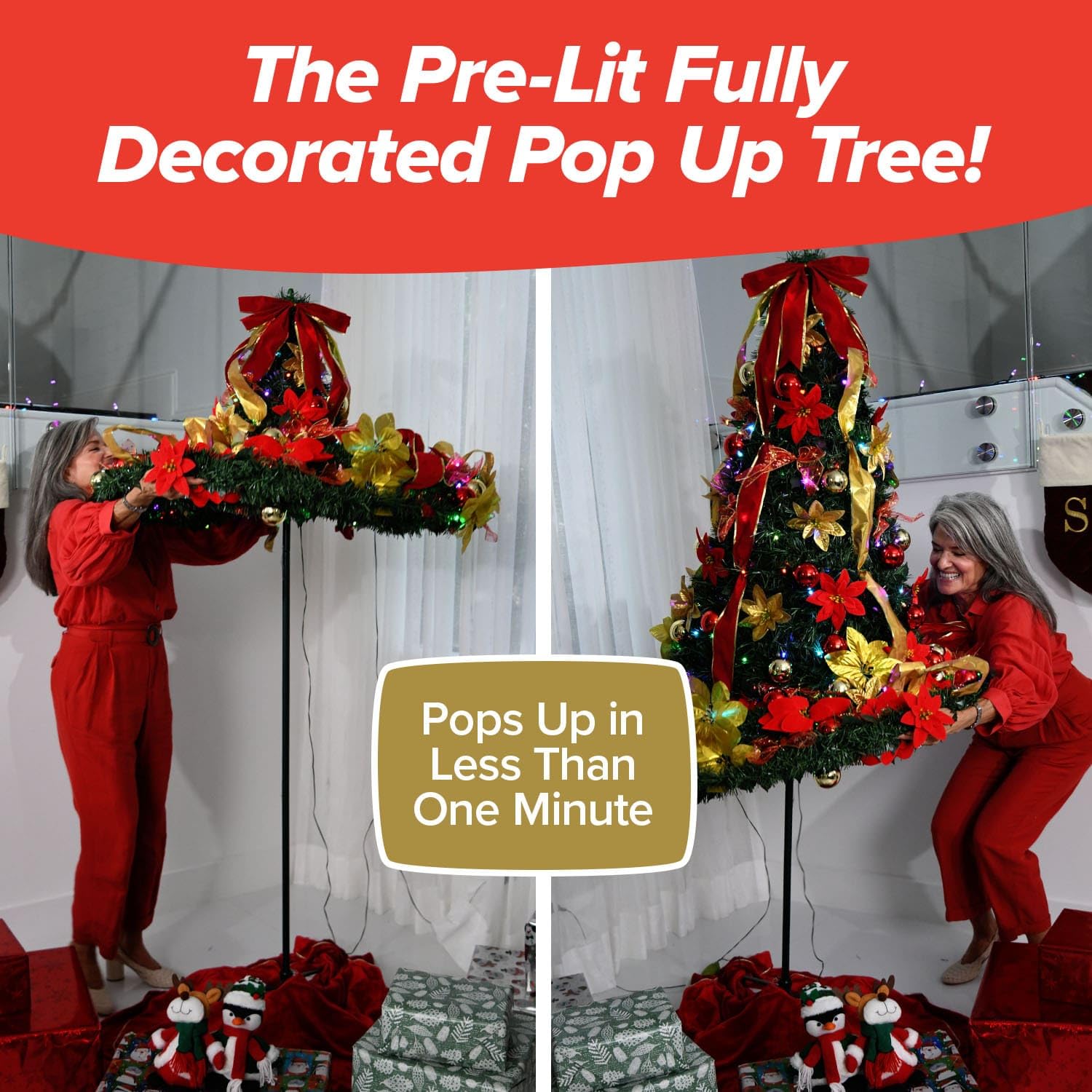 Star Shower Superstar Santa Pop-Up Christmas Tree, 7FT, Pre-Lit with 200 LED Lights, Santa Topper, 32 Modes, Red/Green