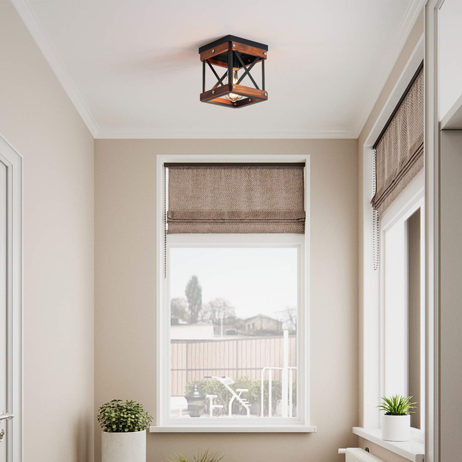 Fivess Lighting Rustic Farmhouse Flush Mount Ceiling Light 1-Light Wood and Metal, Black, Model fss6103-1