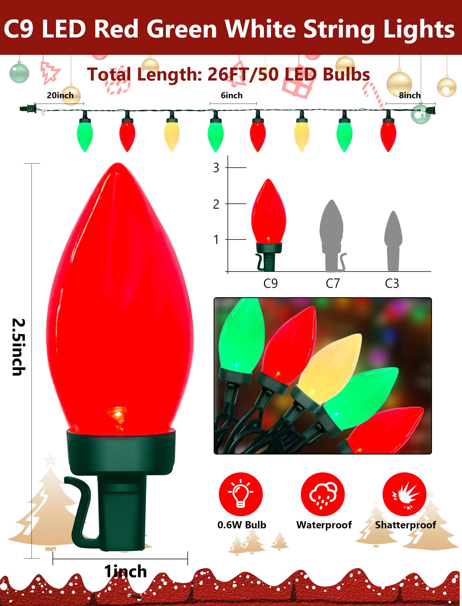 26Ft C9 Red Green And White Christmas String Lights  Outdoor Christmas Decorations Lights With 50 C9 Led Bulbs  Plug In Vintage Christmas Lights Waterproof For Tree Patio Roofline Party Garden Decor