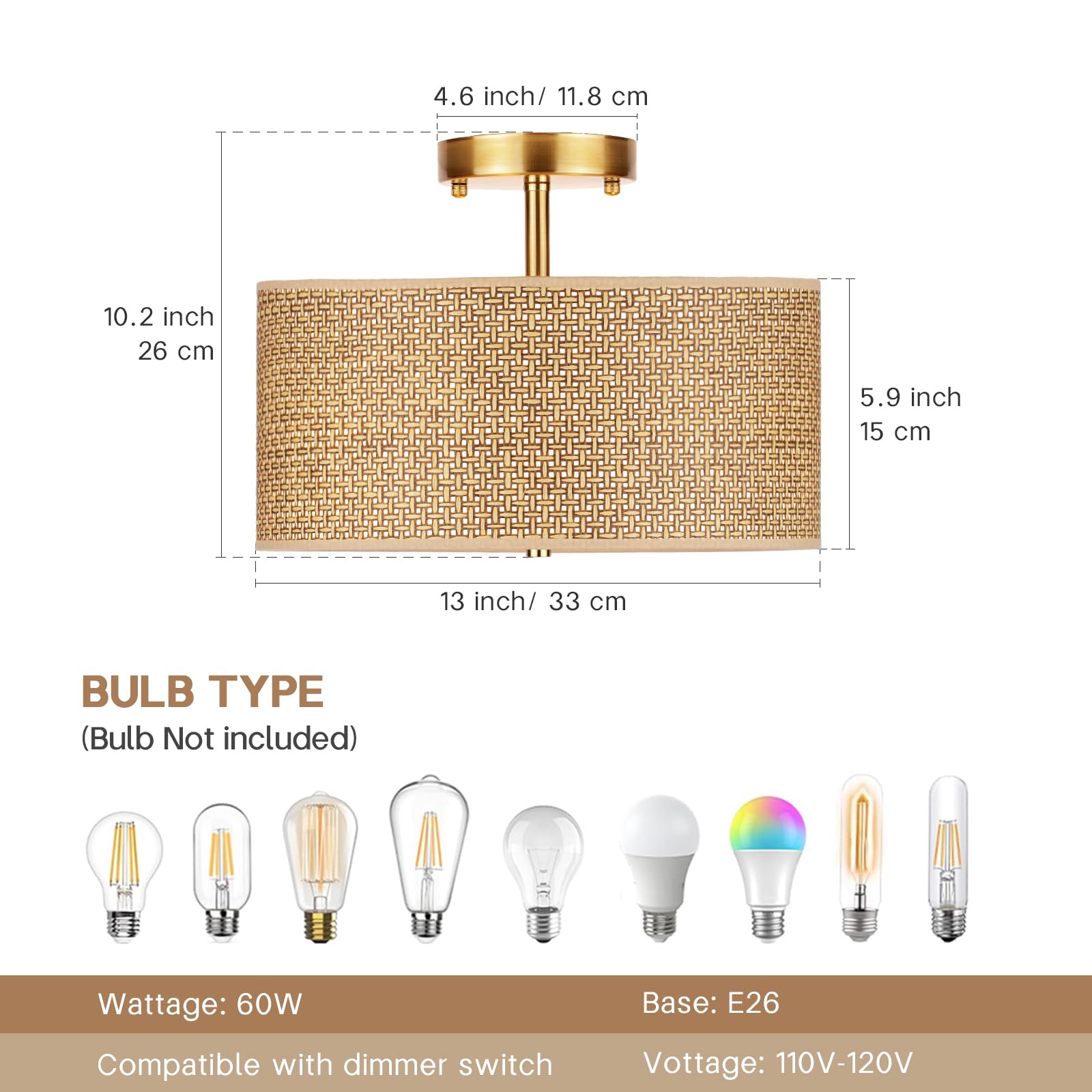 Clarsyne 13 Woven Rattan Boho Ceiling Light Fixture  3-Light Modern Semi Flush Mount Lamp With Drum Fabric Shade  Rustic Brown Lighting For Bedroom  Dining Room  Living Room  Hallway  Entryway