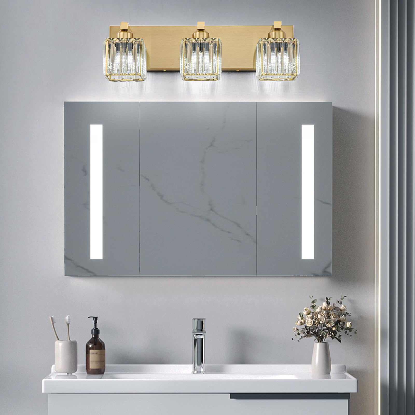 Huoku Gold Crystal Bathroom Vanity Lights Modern 3-Lights Bathroom Lighting Fixtures Over Mirror, Gold Crystal Wall Light With S