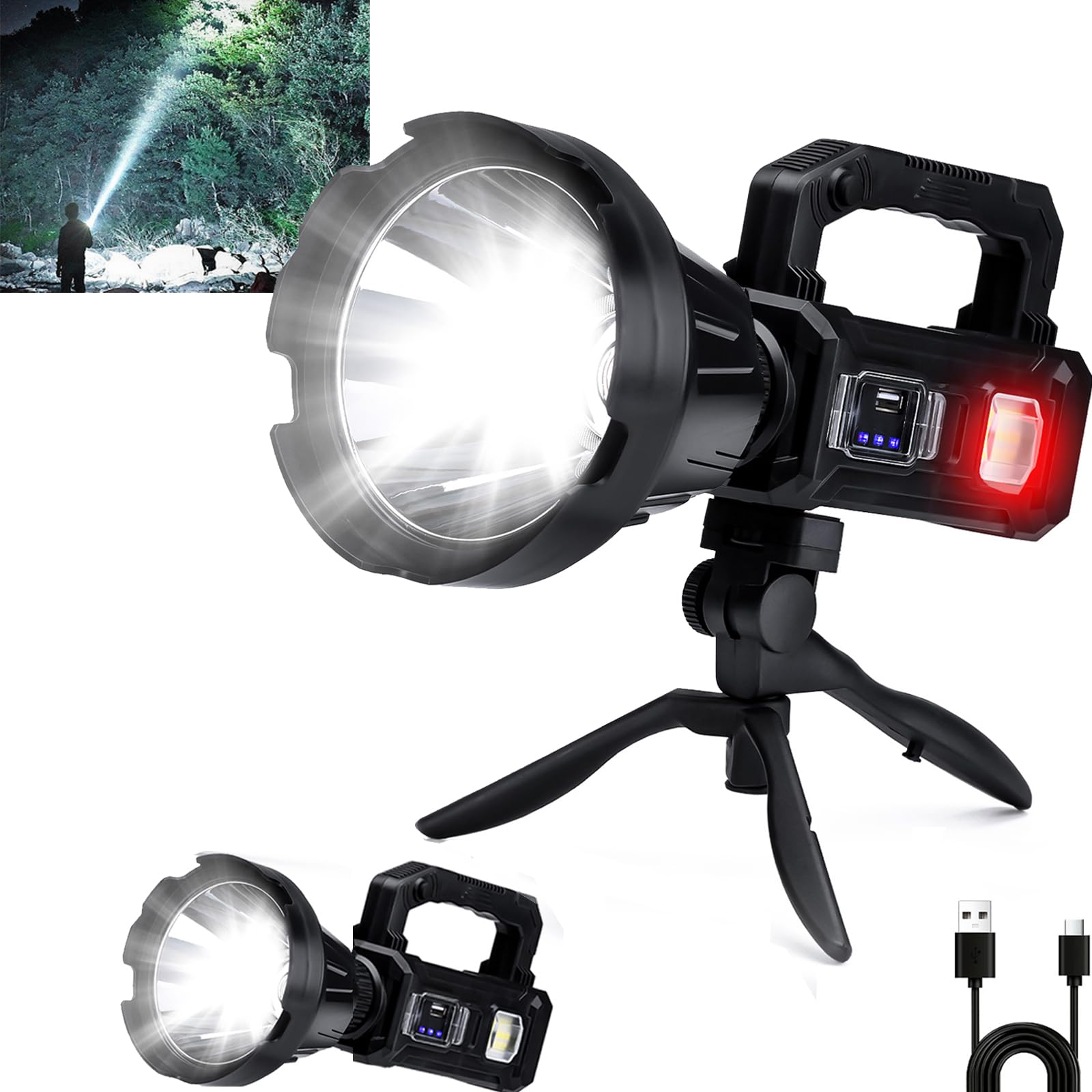 Ewenele Rechargeable Handheld Spotlight, 2000000L LED, 6 Modes, 3 Color Lenses, USB C, Waterproof, Model E01, XL with 3 L