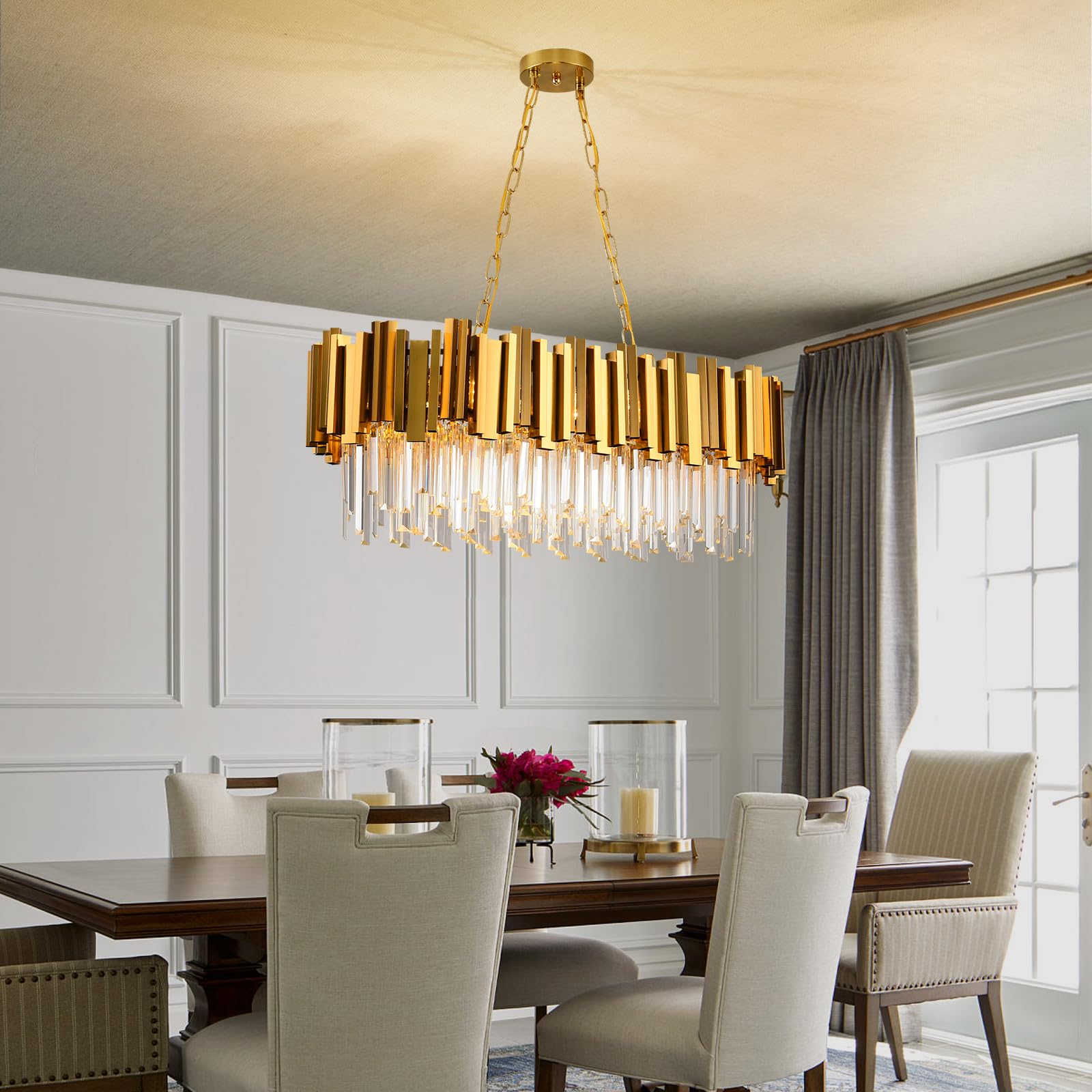 AKDXIRUN Crystal Chandelier Pendant Light Fixture, 8 Lights, Metal, Gold, 32" for Dining Room & Living Room