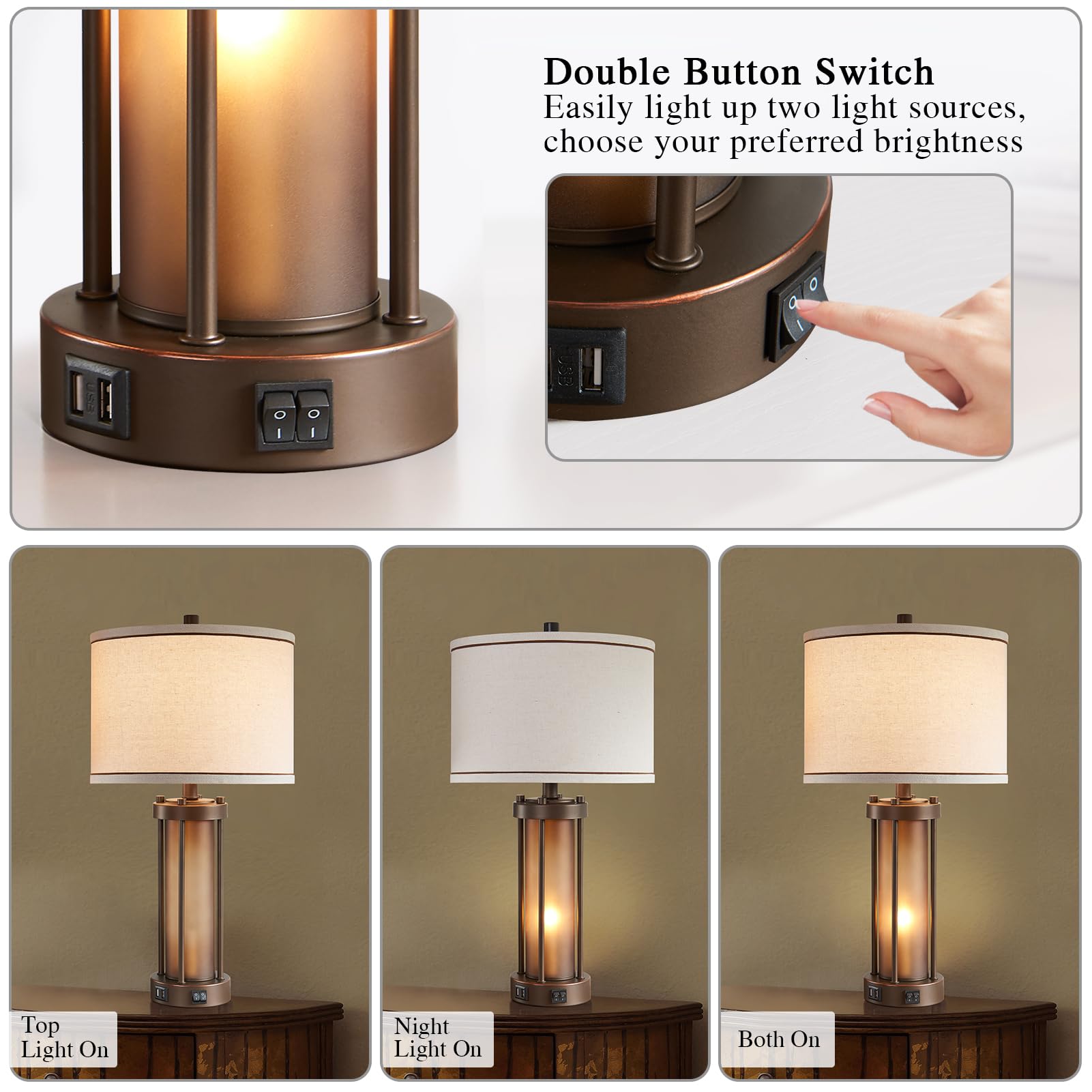 RORIA Set of 2 Farmhouse Table Lamps with USB Ports, Vintage Amber Glass, Brown, Model FBA-LM08895B, 4 Bulbs Included