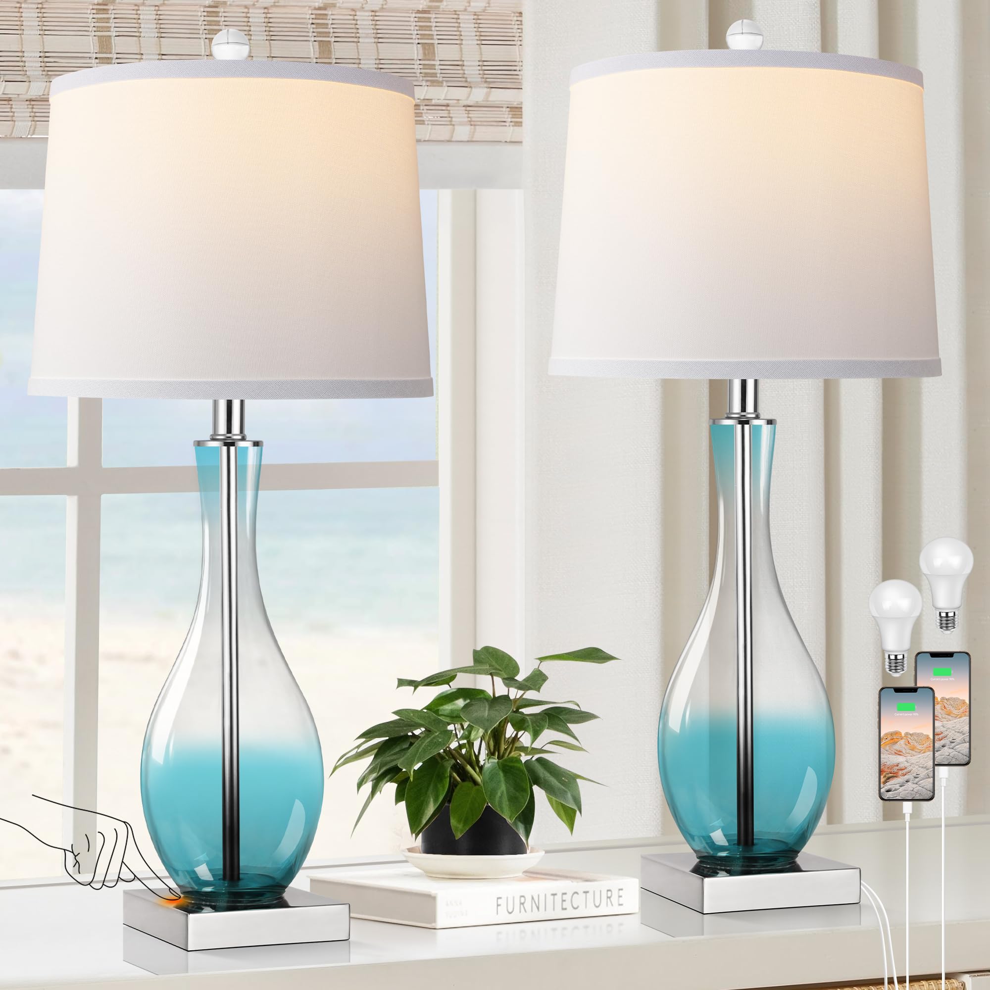 WIHTU Table Lamps Set of 2, 27in Touch Control, 3-Way Dimmable, Glass, Blue, USB Charging Ports, Model WTLP357AL2
