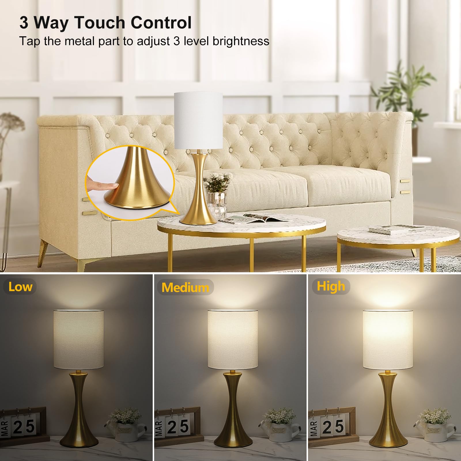 Gold Bedside Lamp Touch Control Table Lamp For Bedroom, 3-Way Dimmable Nightstand Lamp With White Shade, Modern Table Lamp For L
