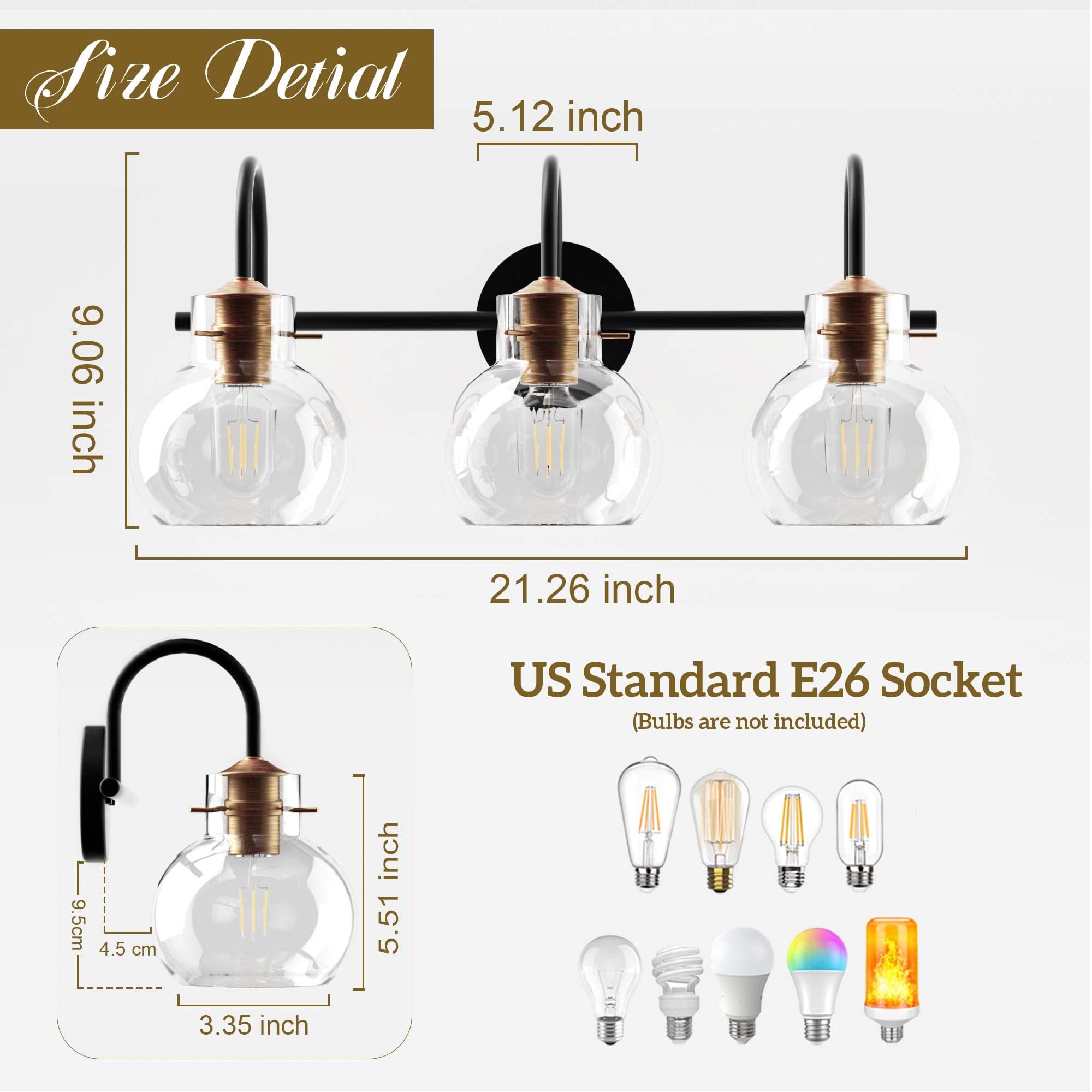 PAIHOME Bathroom Light Fixtures 3-Light Vanity Light, Black & Copper, Metal, 21-Inch, Globe Glass Shade, Model 2109-BG