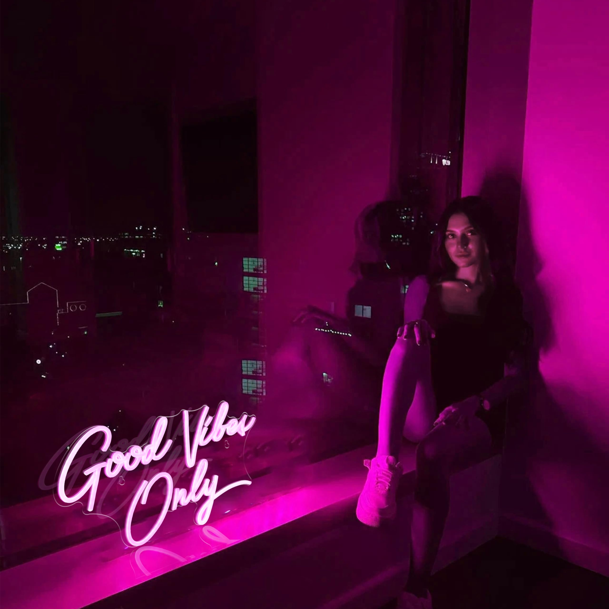 Kavaas Neon Wall Sign - Good Vibes Only LED Decor, 17.7in x 9.9in, Acrylic, Pink