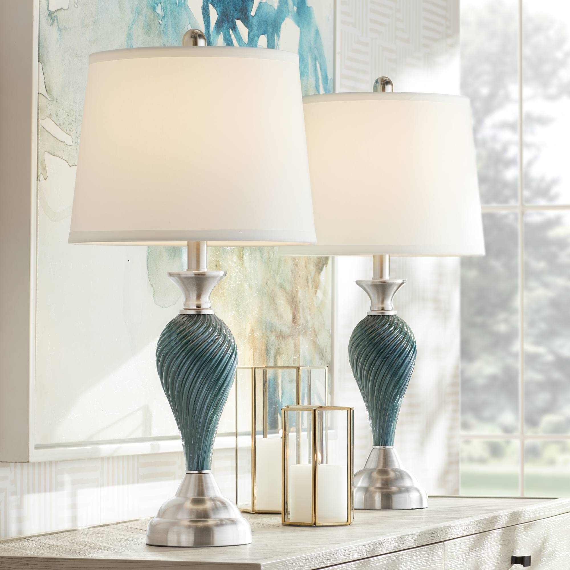 Regency Hill Table Lamps Set of 2, 25in High, Green-Blue Glass, Modern Coastal Design, Model 8M664