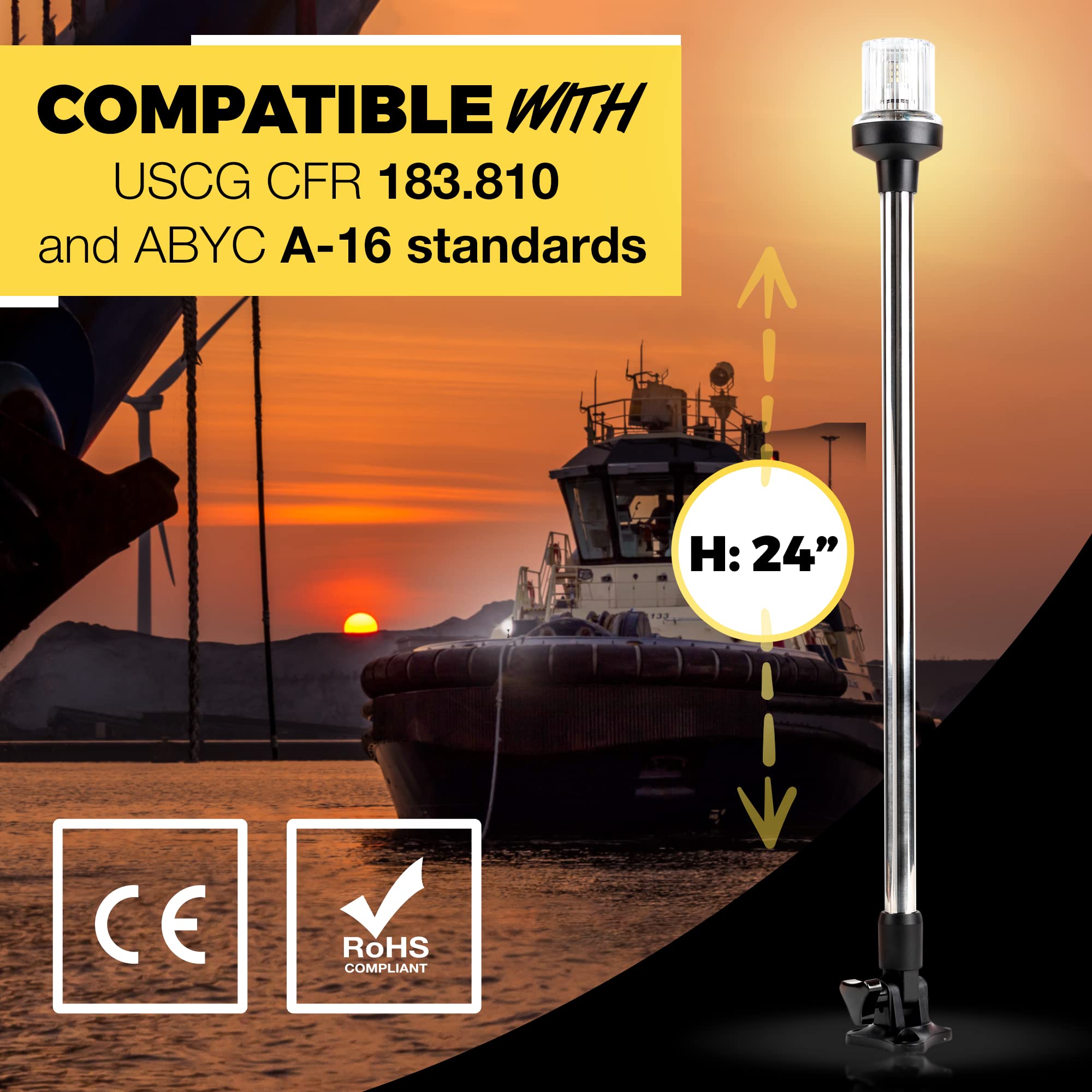 Everbeam P800 Adjustable Stainless Steel Anchor Light - 360° Visibility, 3 Nautical Miles, Weatherproof, Black