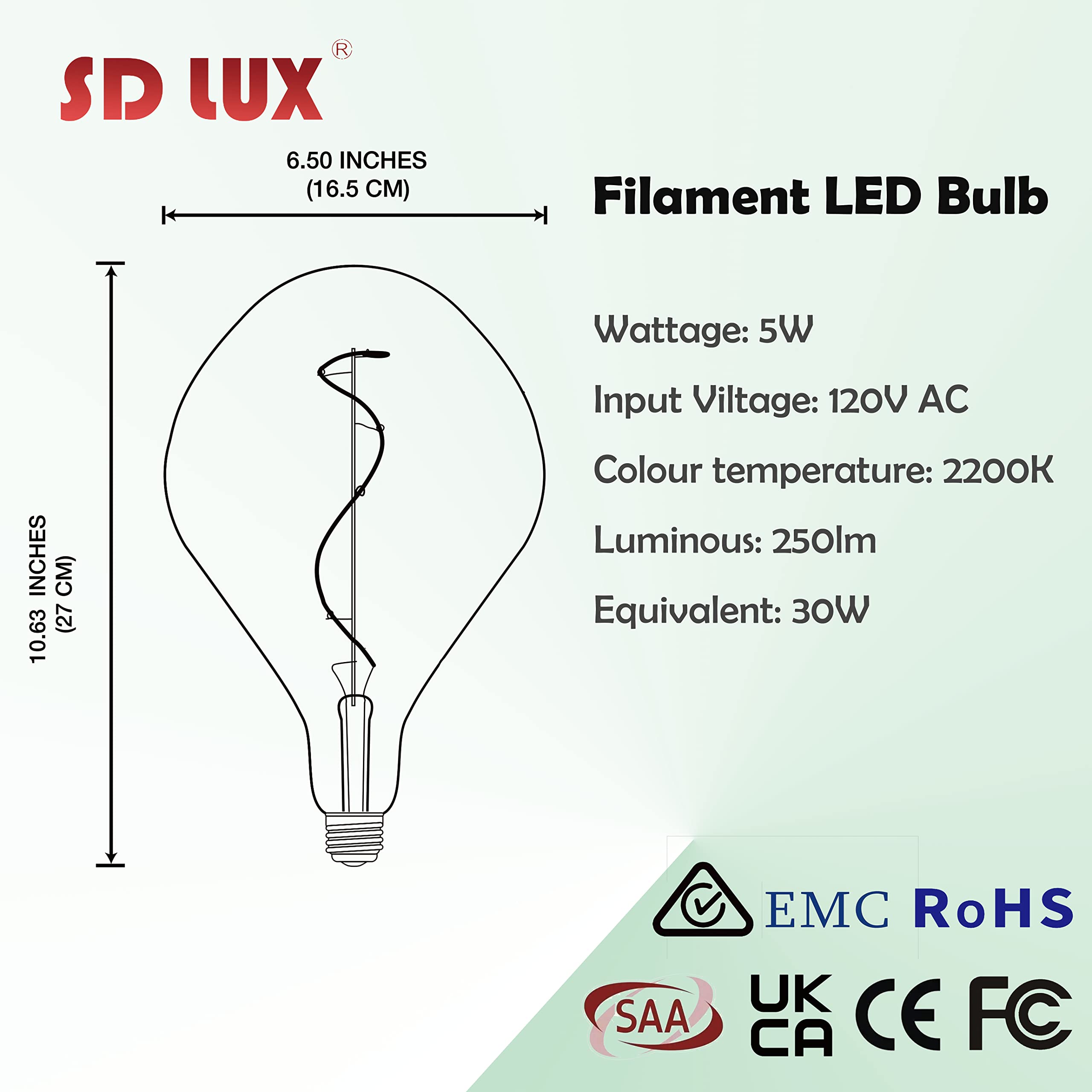 SD LUX Vintage Giant LED Bulb - Dimmable 5W 250LM, Warm White 2200K, E26 Base, Extra Large Amber Glass, Model FLBIG