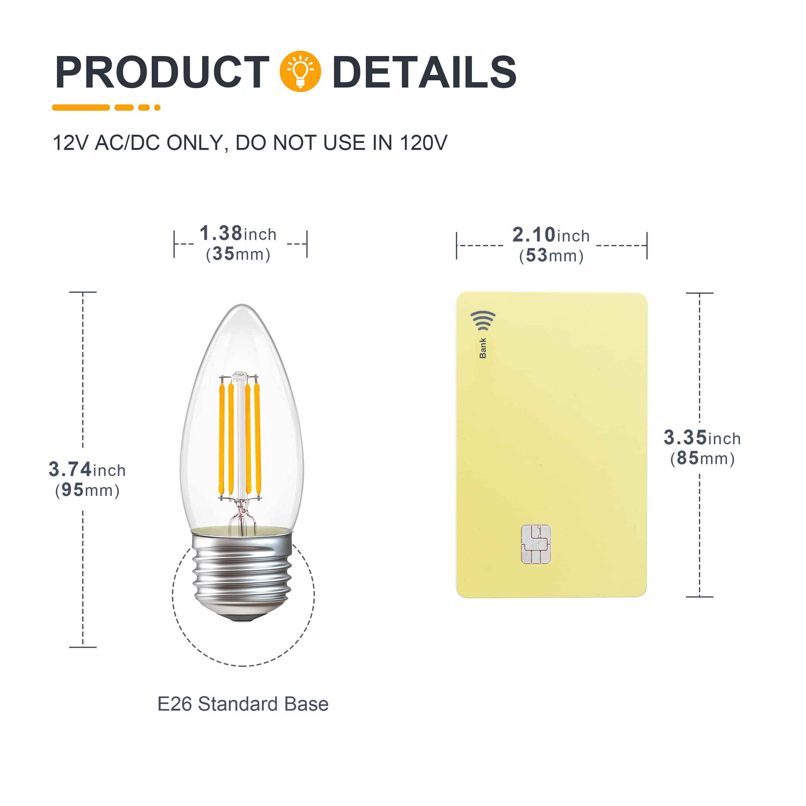 Tokcon 12 Volt Low Voltage Led Candelabra Light Bulbs - Soft Warm White 2700K 4W(Only For 12V Dc/Ac) - E26 Base - 40W Equivalent