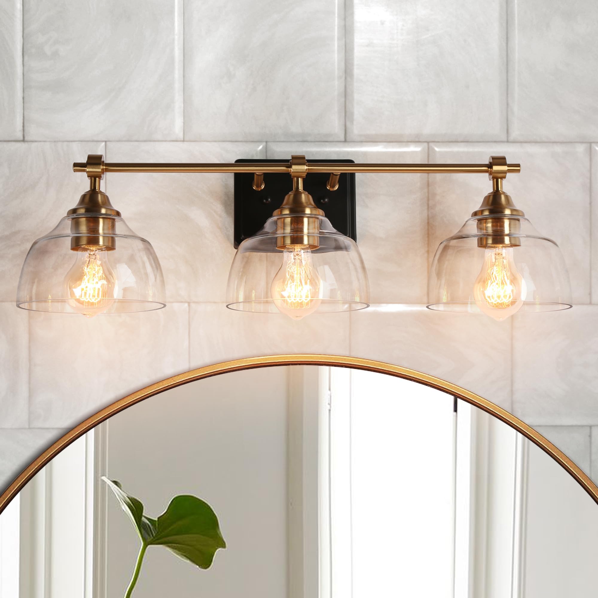 KSANA Bathroom Light Fixtures, 3 Light Black and Gold Vanity Lights for Bathroom with Clear Glass Shade, 24.5 Modern Brass Bat
