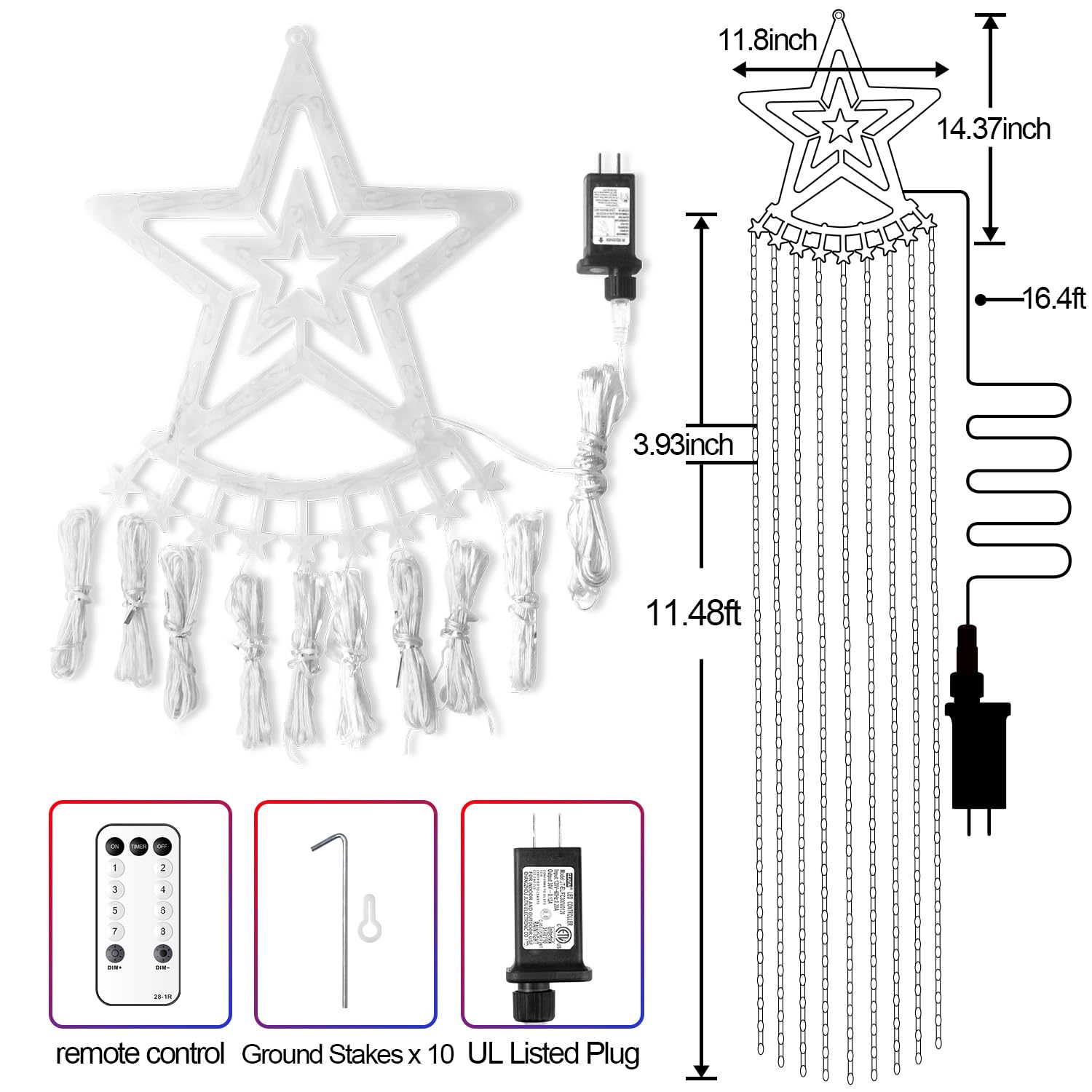 Christmas Decorations Star Lights Outdoor, 11.48Ft 350 Led Waterfall Tree Lights With 8 Modes Timer Remote Plug In Christmas Str