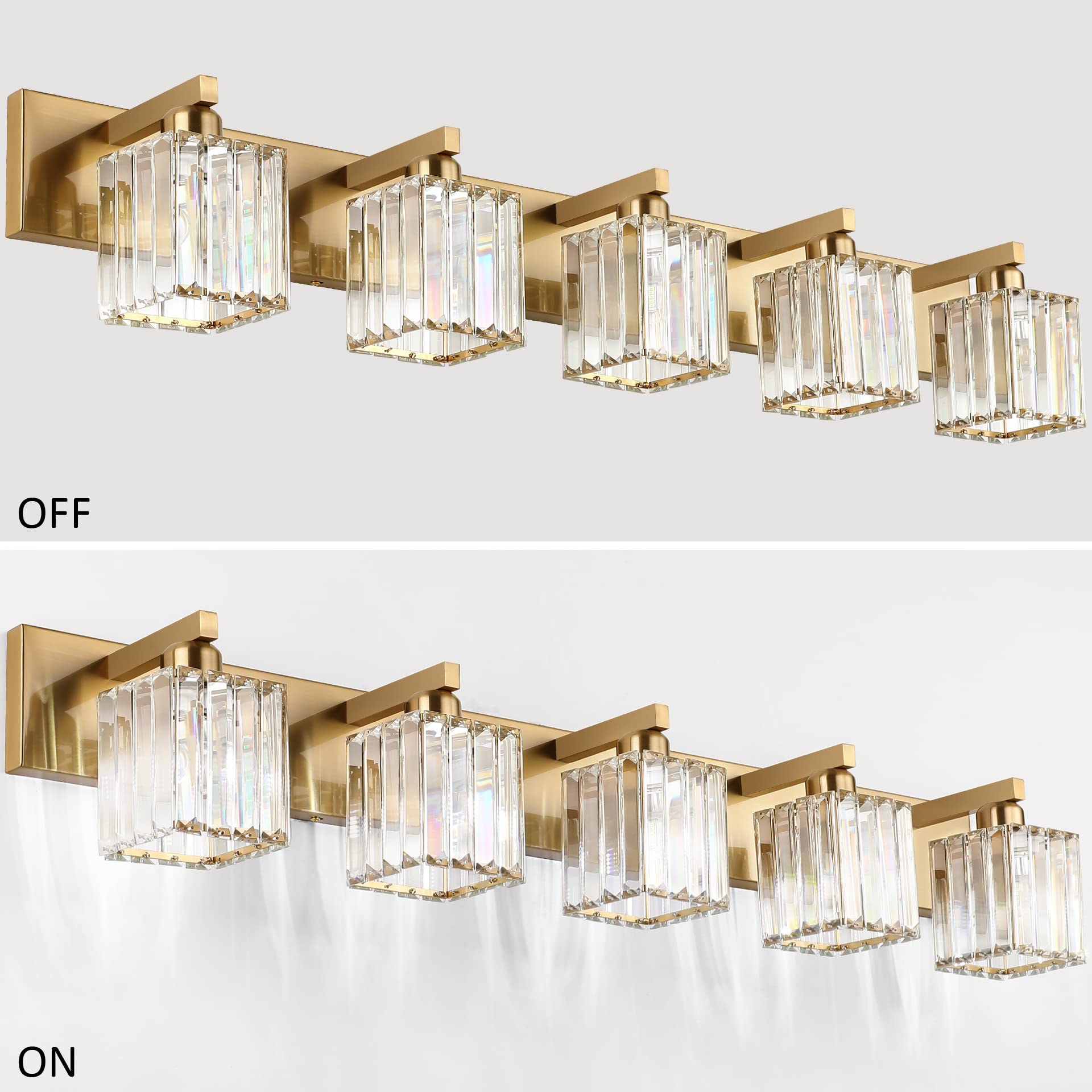 Aipsun Bathroom Vanity Lights Fixtures Crystal Vanity Light 5 Light Modern Brass Bathroom Lighting Fixtures (Exclude Bulb)