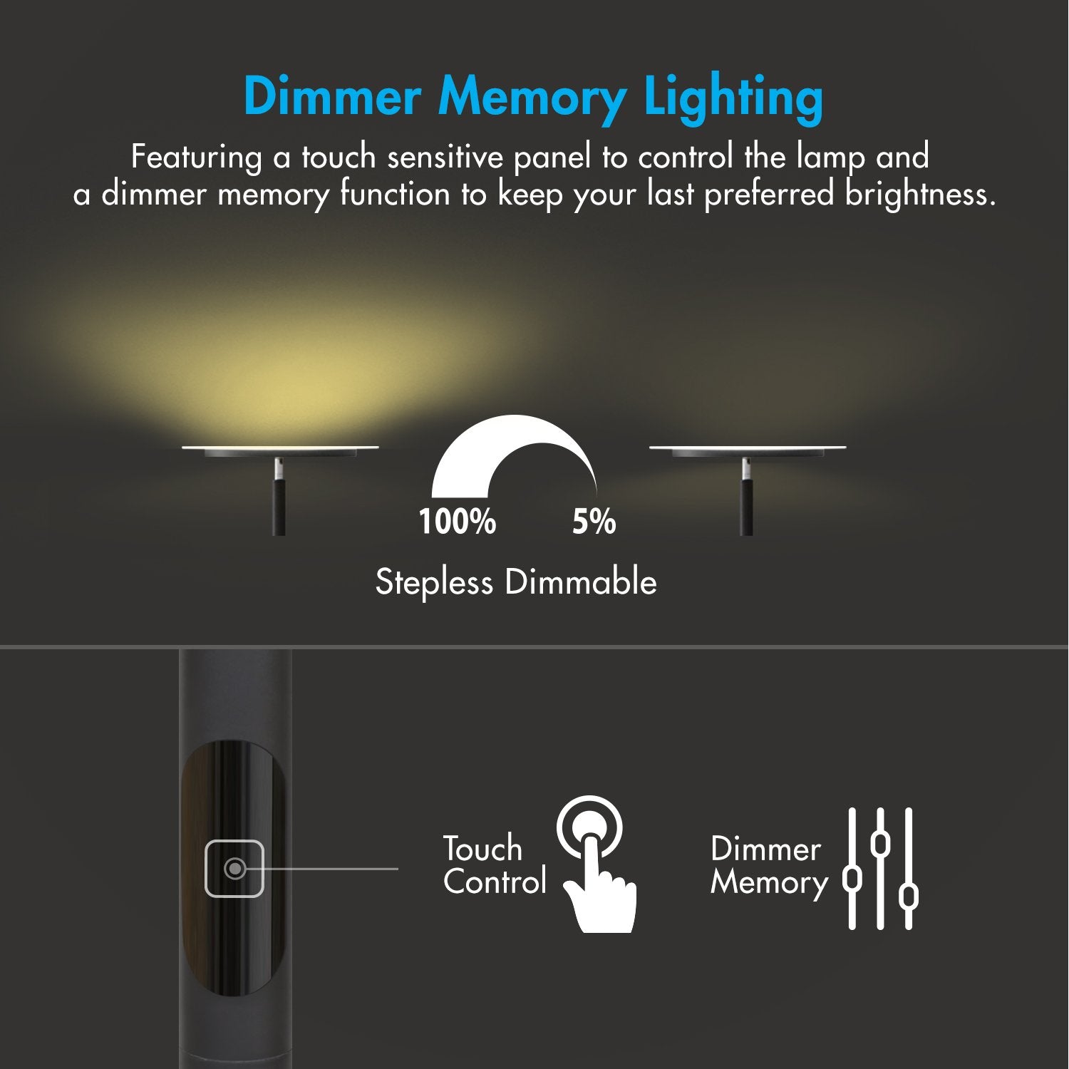 Tenergy Modern Torchiere Floor Lamp - 3000L LED, 30W, Remote Control, Touch Dimmer, Adjustable, Black, Model 59117