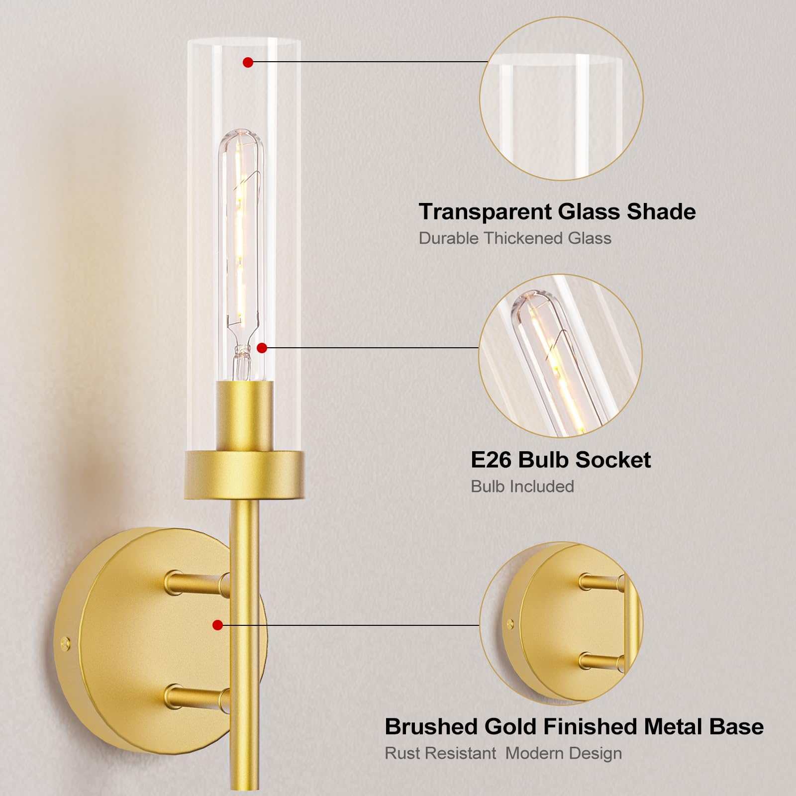 E.P. Light Wall Sconces Set of 2 Hardwired Gold Metal with Clear Glass Shade, Model EP0109