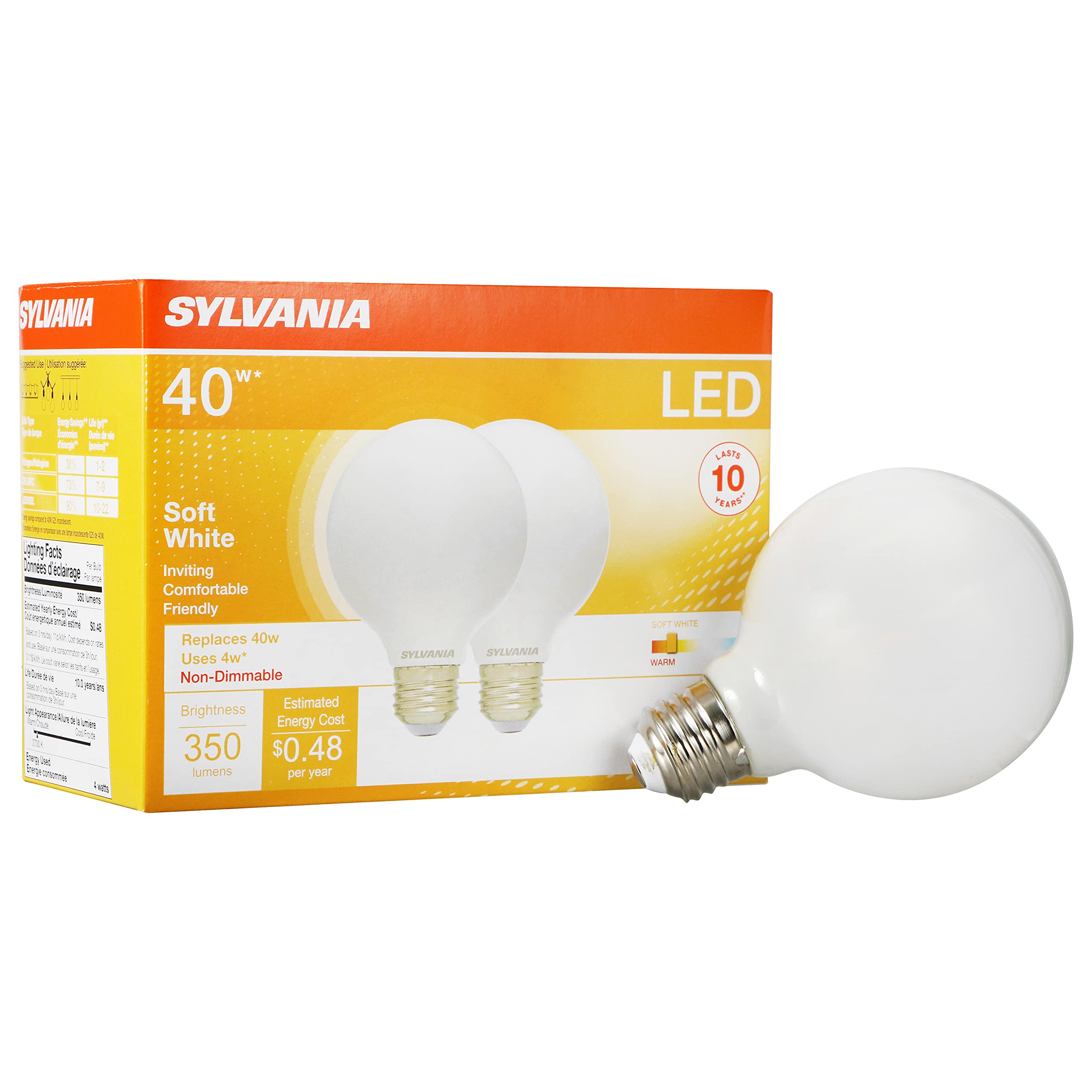 Sylvania G25 Led Light Bulb, 40W Equivalent Efficient 4W, 10 Year, Non-Dimmable, 350 Lumens, 2700K, Soft White - 2 Pack (40214)