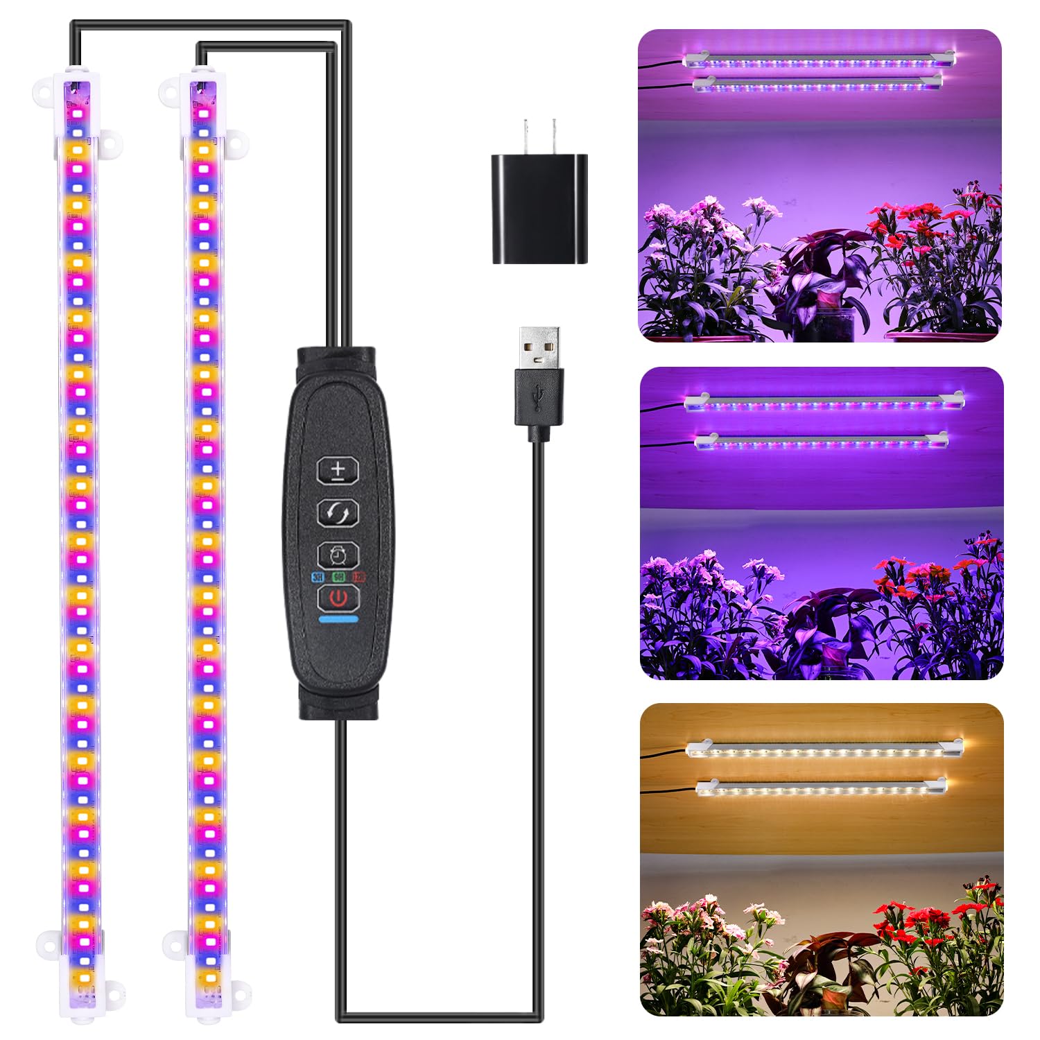 Rwntao Two Strip Growing Lamp For Indoor Plants, Red & Blue & Yellow Full Spectrum Led Grow Light Strips With Auto On/Off 3/9/12H Timer,10 Dimmable Levels For Green House Succulent (13 In)