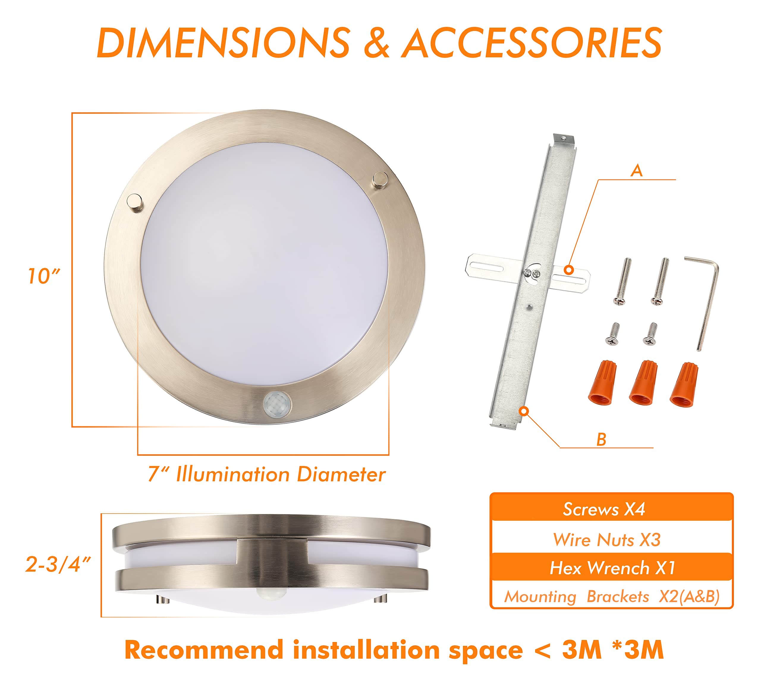 CLOUDY BAY Motion Sensor Flush Mount Ceiling Light, 10" Brushed Nickel ...